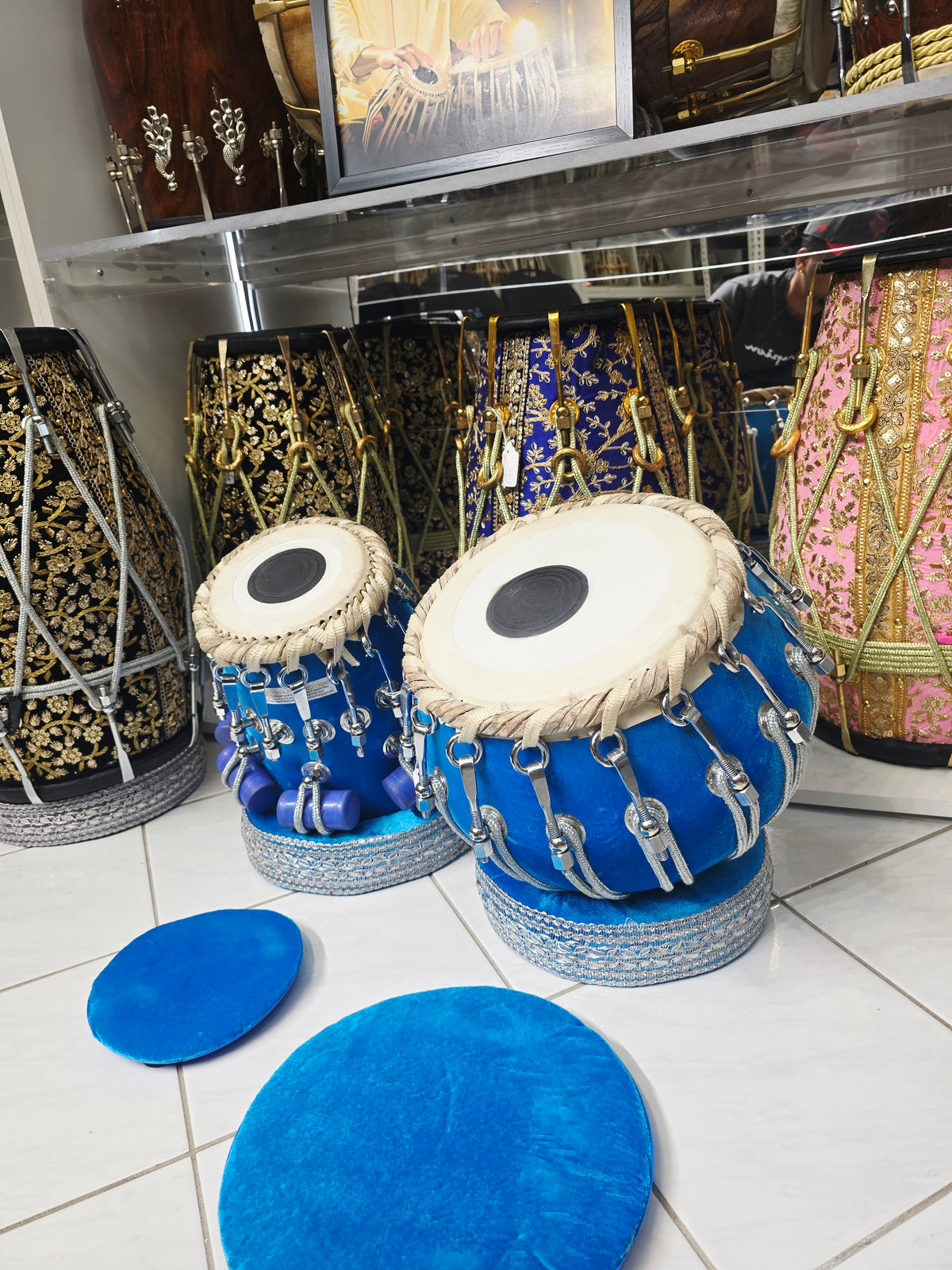 Neelambara Imperial 5⅝" D#/E Red Sheesham Dayan & 9" Brass Bayan Aqua Blue Velvet Wrapped Bolted Tabla Set with Silver Brass Bolts – Exceptional Tone
