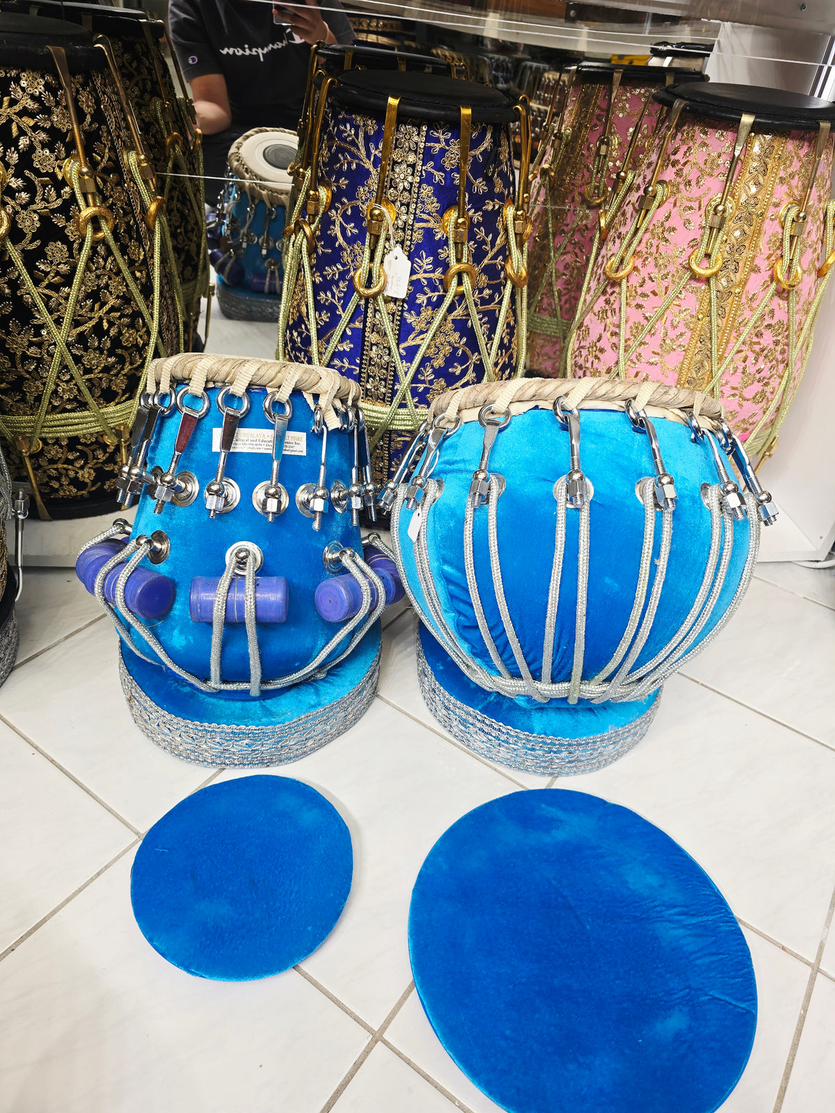 Neelambara Imperial 5⅝" D#/E Red Sheesham Dayan & 9" Brass Bayan Aqua Blue Velvet Wrapped Bolted Tabla Set with Silver Brass Bolts – Exceptional Tone