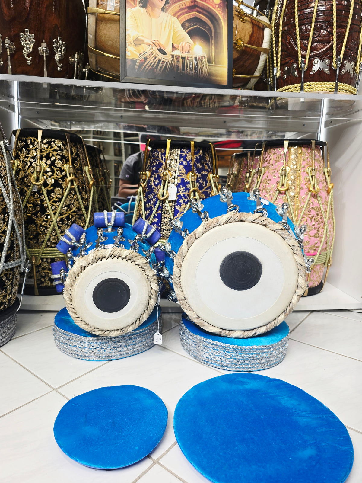Neelambara Imperial 5⅝" D#/E Red Sheesham Dayan & 9" Brass Bayan Aqua Blue Velvet Wrapped Bolted Tabla Set with Silver Brass Bolts – Exceptional Tone