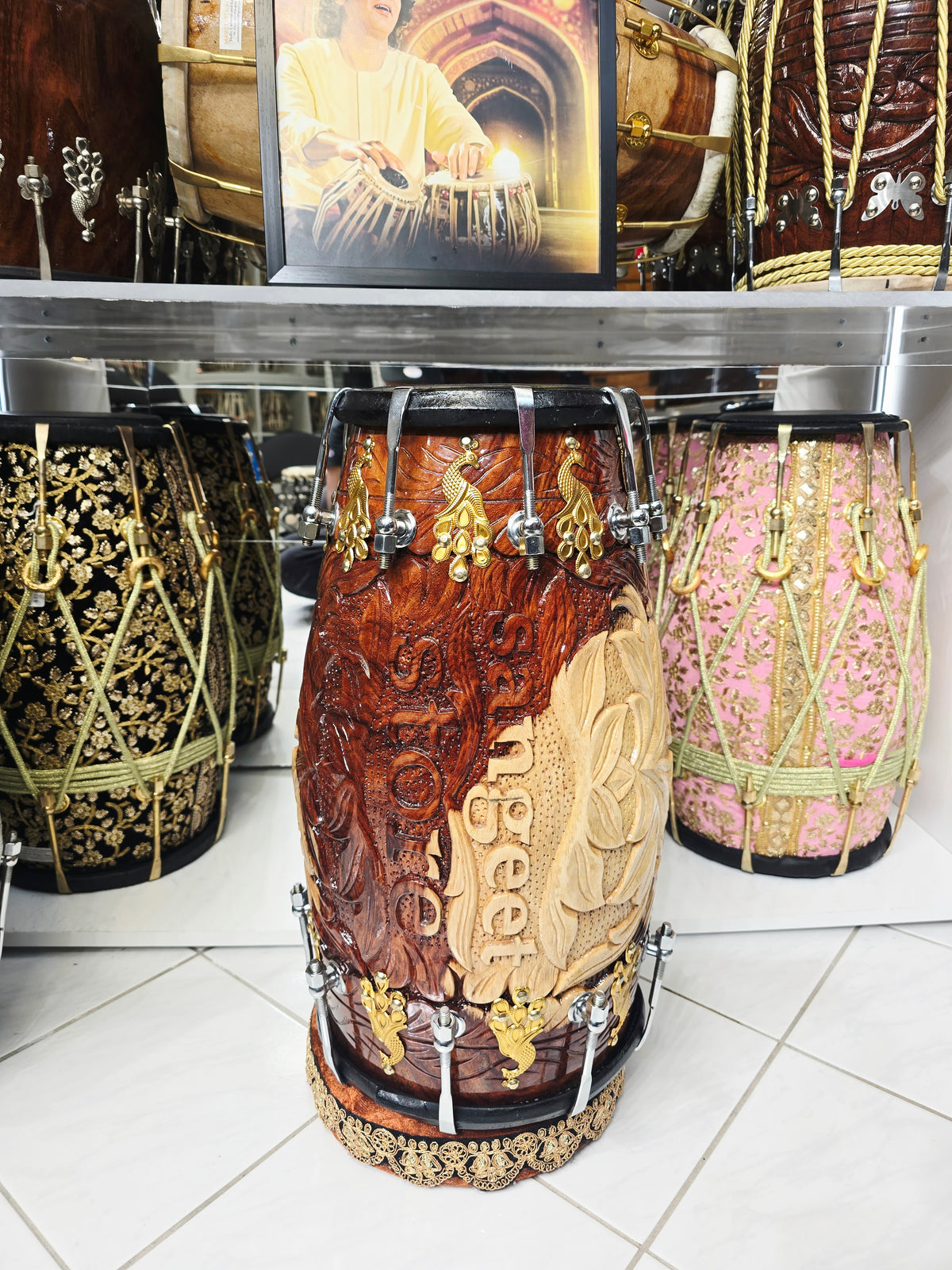 Sangeet Store Maharaja Signature Custom Engraved Chetram Dholak with Black Skins *Exceptional Tone