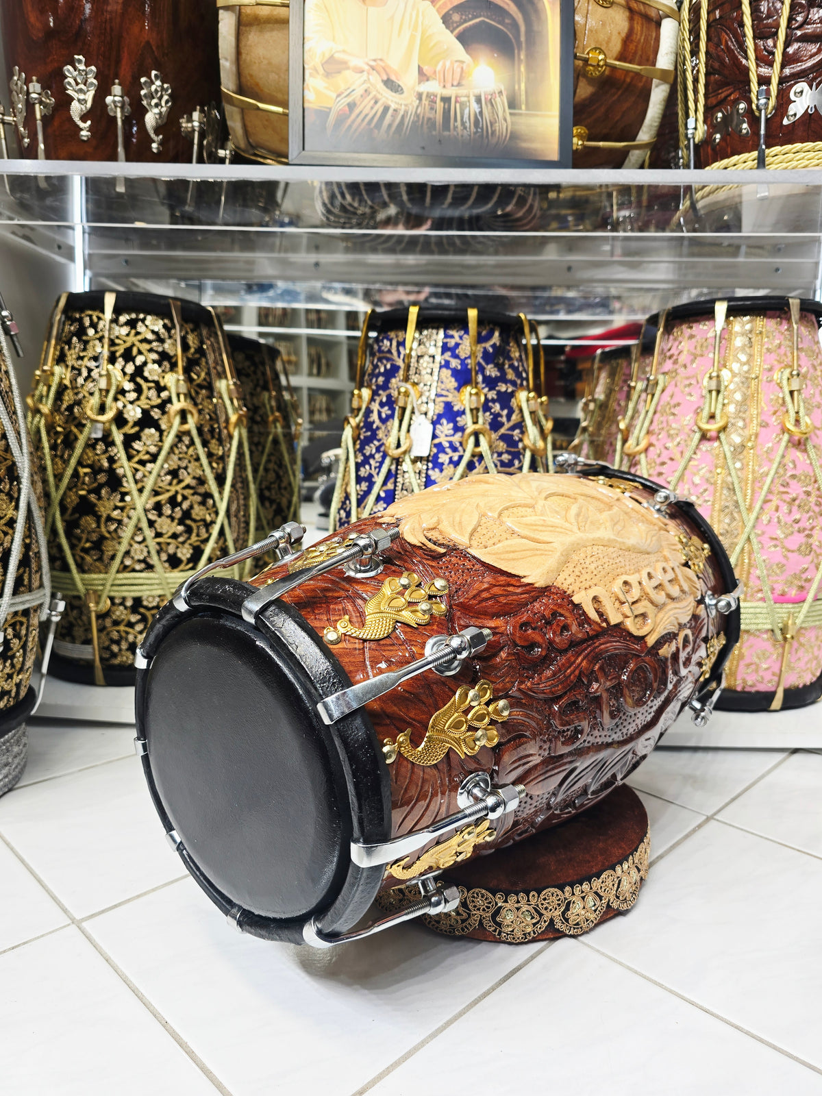 Sangeet Store Maharaja Signature Custom Engraved Chetram Dholak with Black Skins *Exceptional Tone