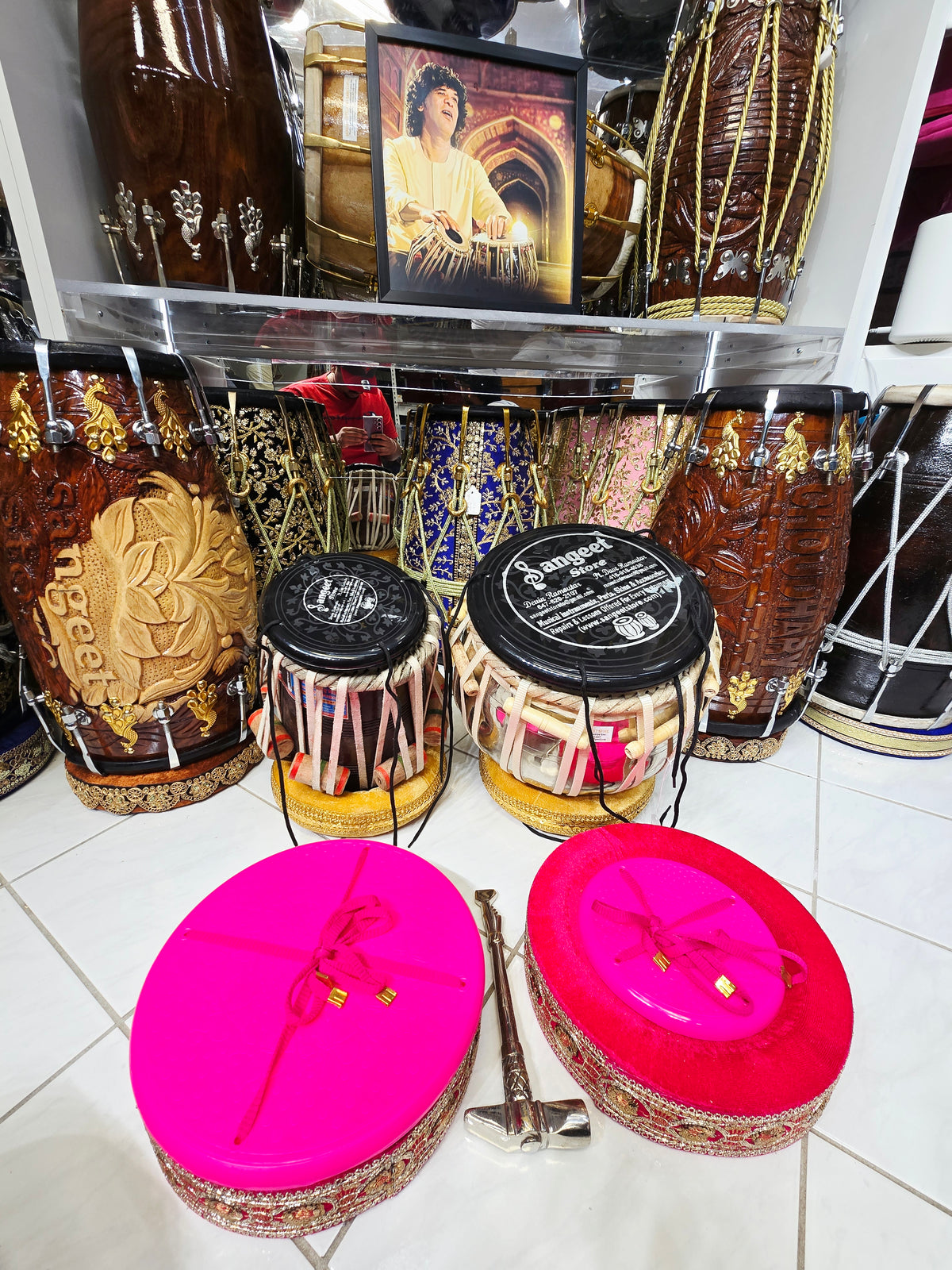 Custom Package for Sangeeta: 6" C/C# Red Sheesham Exceptional Tone Mohd. Sharif Dayan + 9.25" 4.3kg Copper Somnath Skin Bayan with lots of depth & resonance + premium pink tabla rings + Heavyweight Silver Tabla Hammer + Majheera