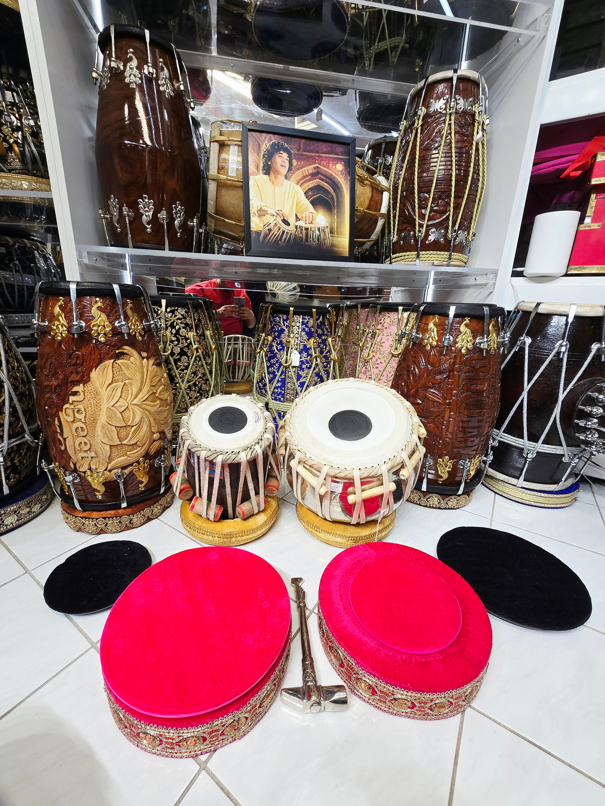 Custom Package for Sangeeta: 6" C/C# Red Sheesham Exceptional Tone Mohd. Sharif Dayan + 9.25" 4.3kg Copper Somnath Skin Bayan with lots of depth & resonance + premium pink tabla rings + Heavyweight Silver Tabla Hammer + Majheera
