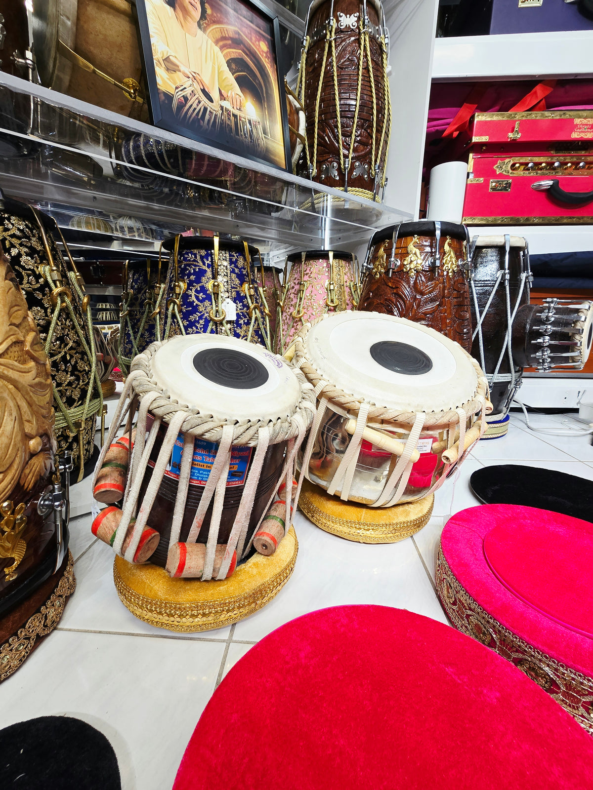 Custom Package for Sangeeta: 6" C/C# Red Sheesham Exceptional Tone Mohd. Sharif Dayan + 9.25" 4.3kg Copper Somnath Skin Bayan with lots of depth & resonance + premium pink tabla rings + Heavyweight Silver Tabla Hammer + Majheera