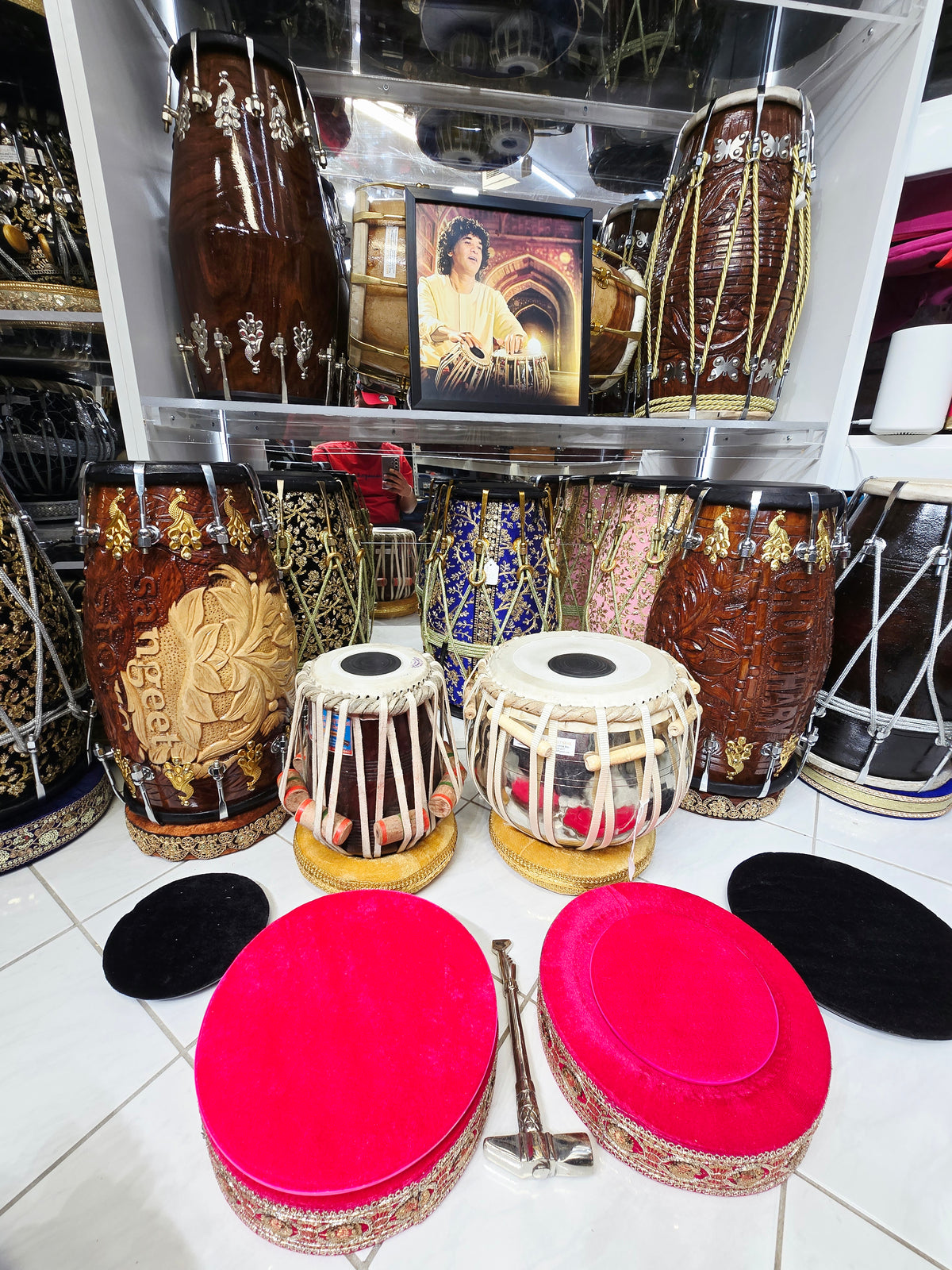 Custom Package for Sangeeta: 6" C/C# Red Sheesham Exceptional Tone Mohd. Sharif Dayan + 9.25" 4.3kg Copper Somnath Skin Bayan with lots of depth & resonance + premium pink tabla rings + Heavyweight Silver Tabla Hammer + Majheera