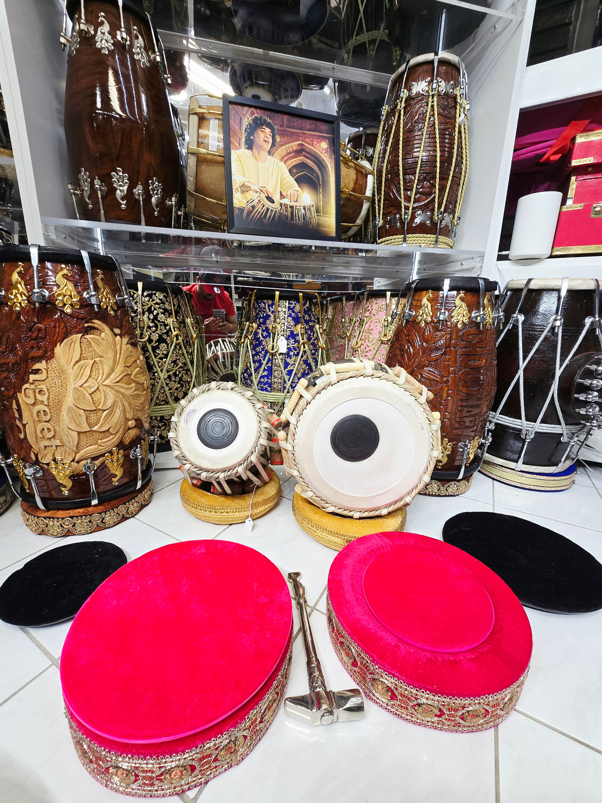 Custom Package for Sangeeta: 6" C/C# Red Sheesham Exceptional Tone Mohd. Sharif Dayan + 9.25" 4.3kg Copper Somnath Skin Bayan with lots of depth & resonance + premium pink tabla rings + Heavyweight Silver Tabla Hammer + Majheera