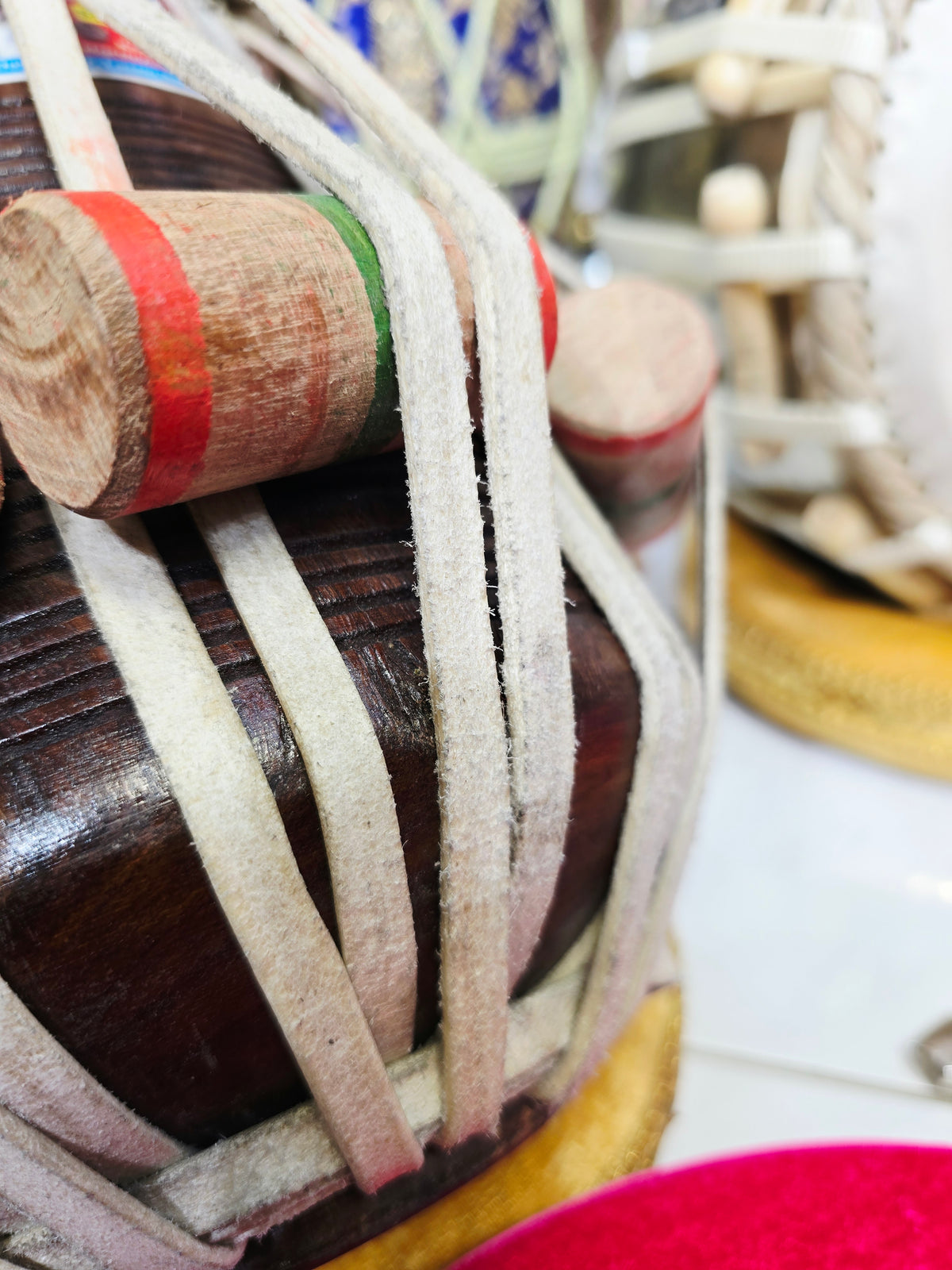 Custom Package for Sangeeta: 6" C/C# Red Sheesham Exceptional Tone Mohd. Sharif Dayan + 9.25" 4.3kg Copper Somnath Skin Bayan with lots of depth & resonance + premium pink tabla rings + Heavyweight Silver Tabla Hammer + Majheera