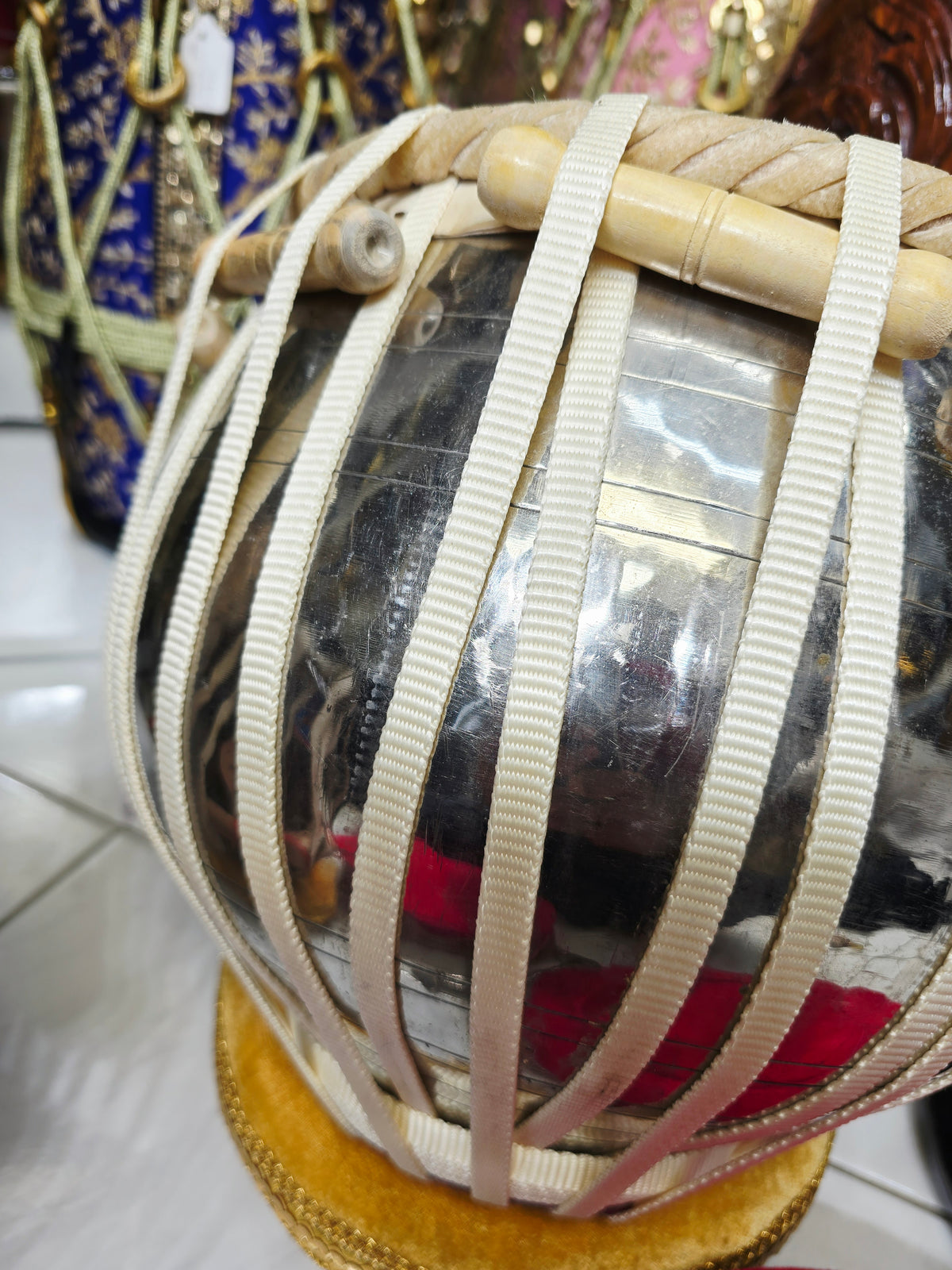 Custom Package for Sangeeta: 6" C/C# Red Sheesham Exceptional Tone Mohd. Sharif Dayan + 9.25" 4.3kg Copper Somnath Skin Bayan with lots of depth & resonance + premium pink tabla rings + Heavyweight Silver Tabla Hammer + Majheera