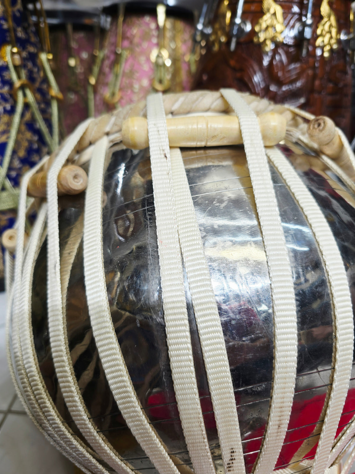 Custom Package for Sangeeta: 6" C/C# Red Sheesham Exceptional Tone Mohd. Sharif Dayan + 9.25" 4.3kg Copper Somnath Skin Bayan with lots of depth & resonance + premium pink tabla rings + Heavyweight Silver Tabla Hammer + Majheera