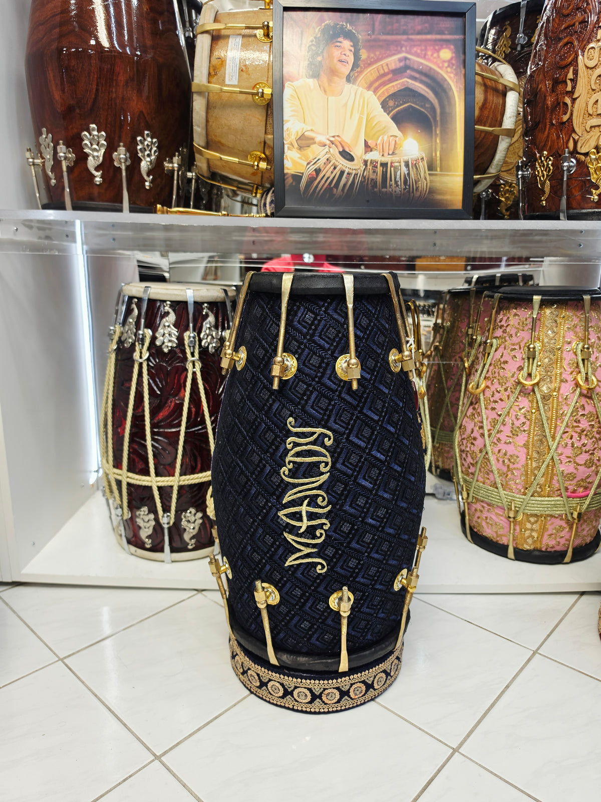 Mandy’s Royal Neelam – Custom Blue & Black Sherwani Dholak with Gold Accents