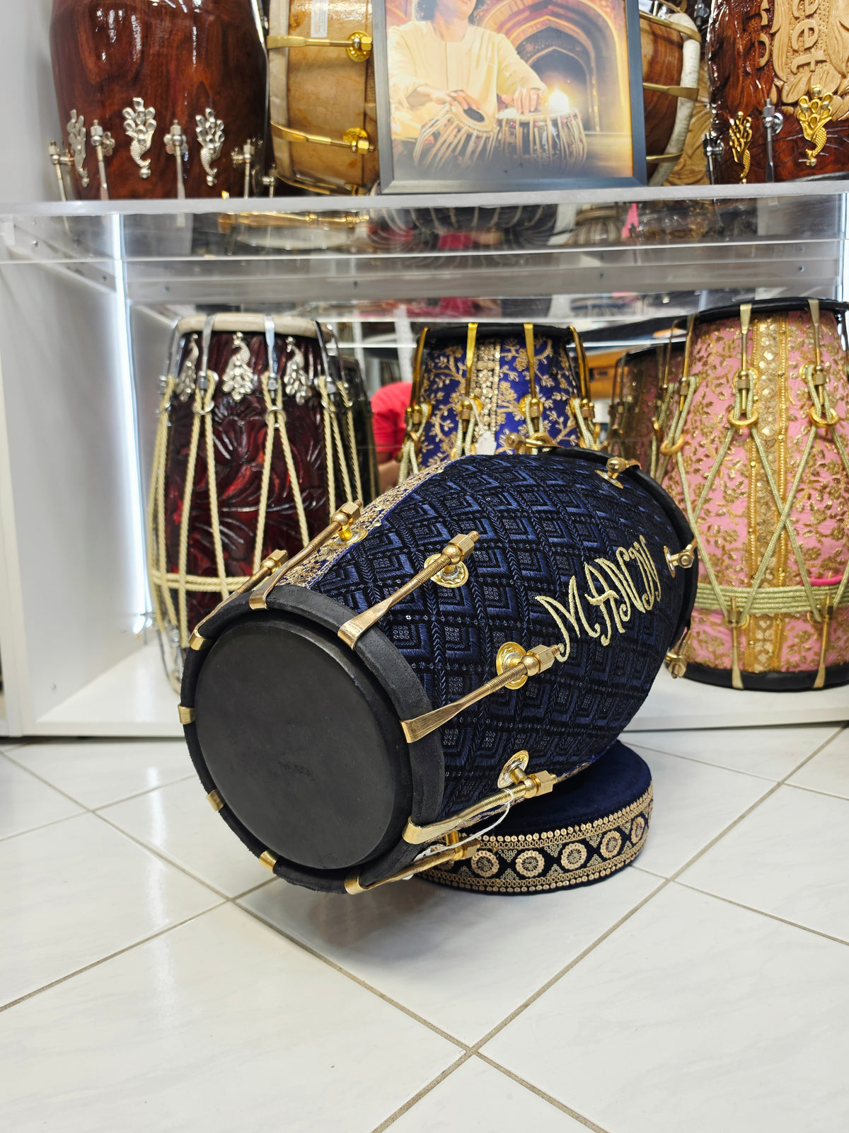 Mandy’s Royal Neelam – Custom Blue & Black Sherwani Dholak with Gold Accents