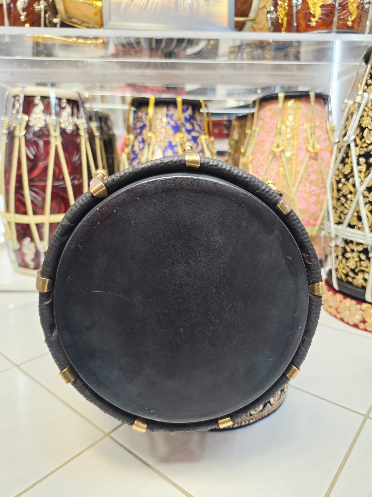 Mandy’s Royal Neelam – Custom Blue & Black Sherwani Dholak with Gold Accents