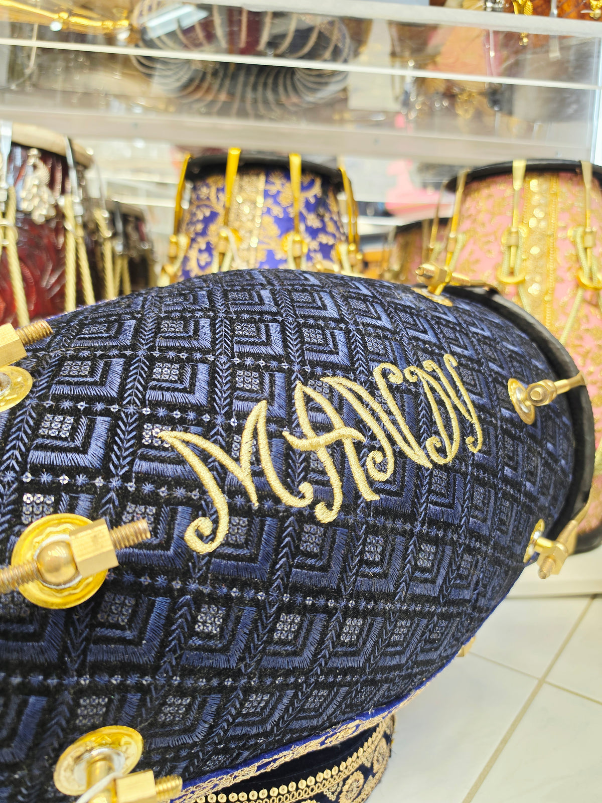 Mandy’s Royal Neelam – Custom Blue & Black Sherwani Dholak with Gold Accents
