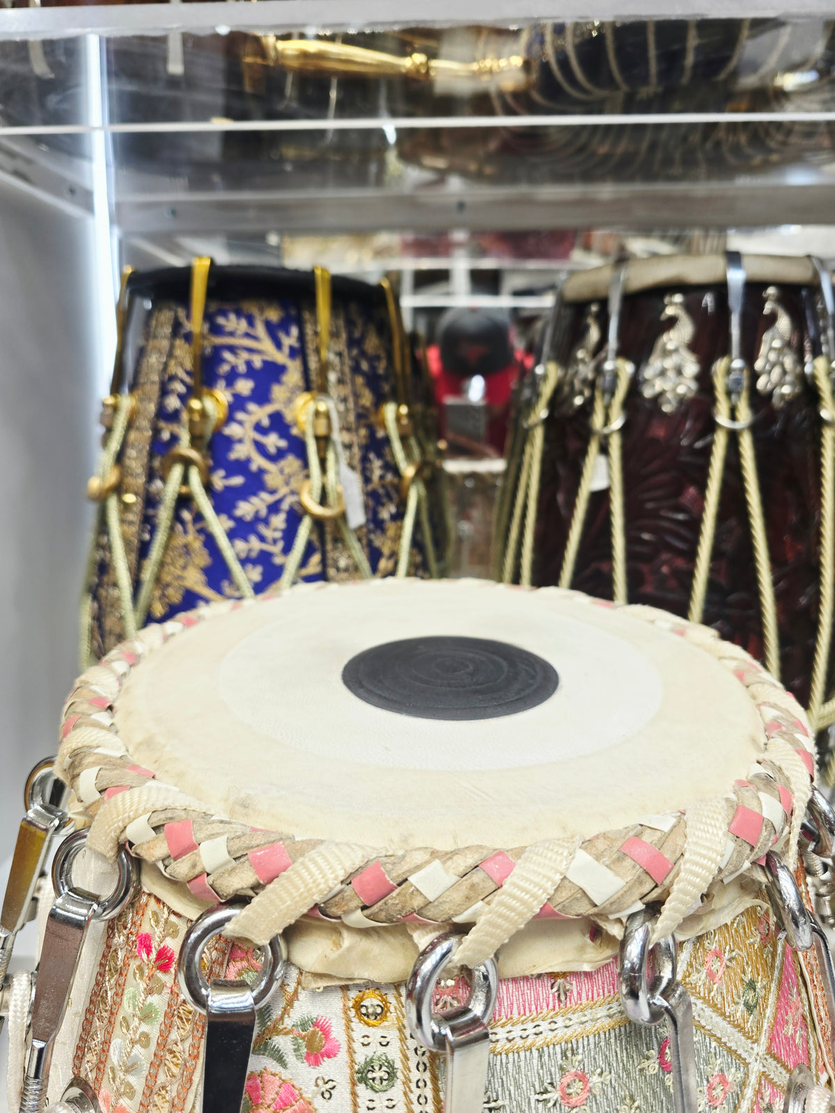 Gulabi Rajmahal – White & Pink Sherwani-Wrapped Bolted Tabla Set | 5⅝" B/C Red Sheesham Dayan & 9" Copper Bayan