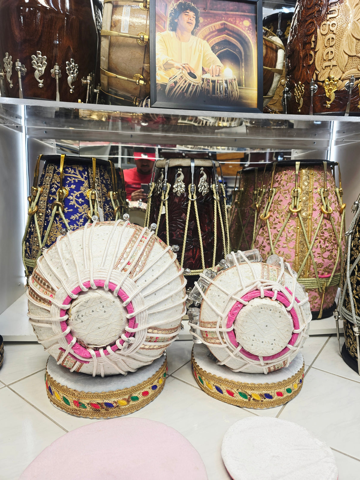 Gulabi Rajmahal – White & Pink Sherwani-Wrapped Bolted Tabla Set | 5⅝" B/C Red Sheesham Dayan & 9" Copper Bayan