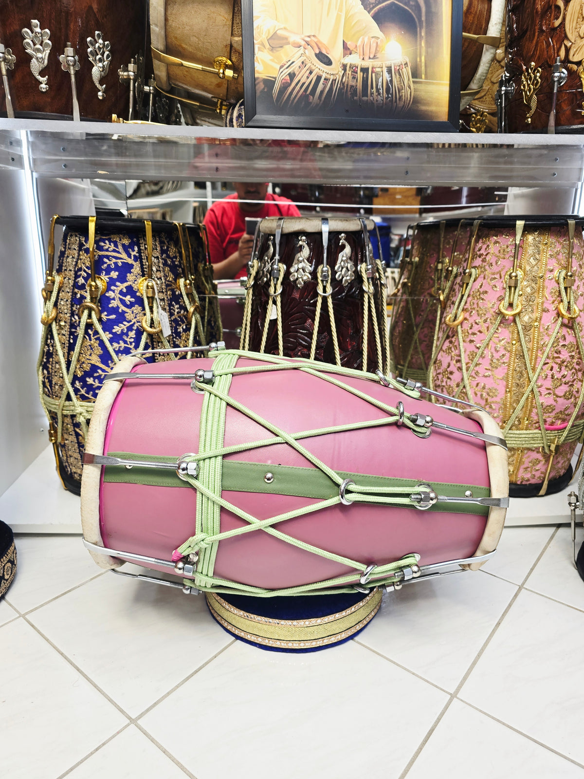 Gulbahaar Vasant – Premium Pink & Green Leather-Wrapped Red Sheesham Dholak *Minor Cosmetic Blemish / Tear *Exceptional Tone