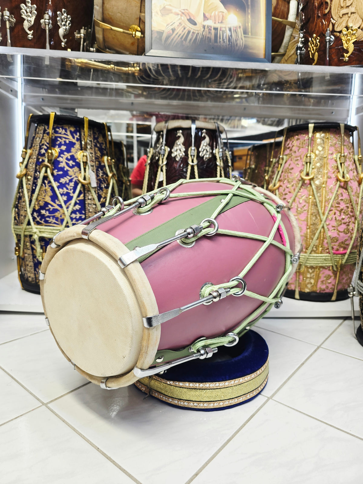 Gulbahaar Vasant – Premium Pink & Green Leather-Wrapped Red Sheesham Dholak *Minor Cosmetic Blemish / Tear *Exceptional Tone
