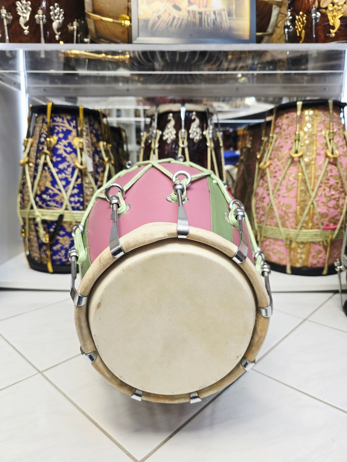 Gulbahaar Vasant – Premium Pink & Green Leather-Wrapped Red Sheesham Dholak *Minor Cosmetic Blemish / Tear *Exceptional Tone