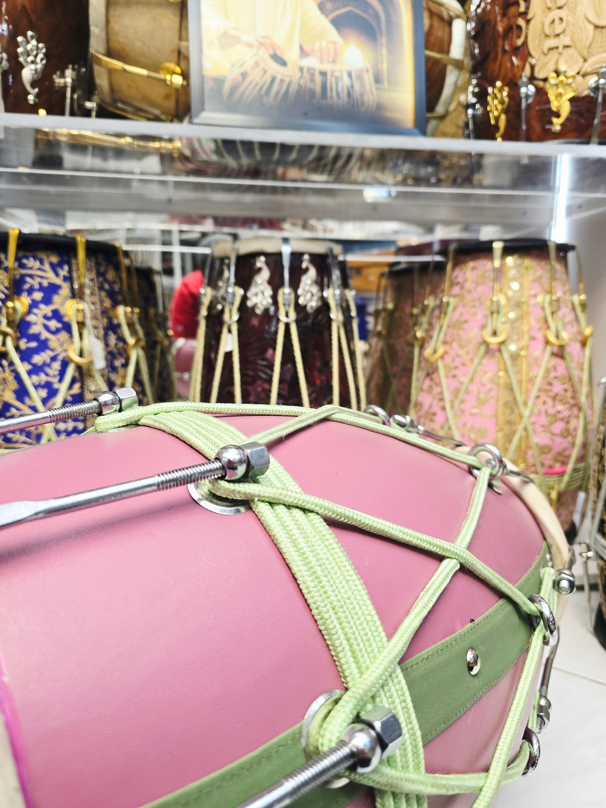 Gulbahaar Vasant – Premium Pink & Green Leather-Wrapped Red Sheesham Dholak *Minor Cosmetic Blemish / Tear *Exceptional Tone