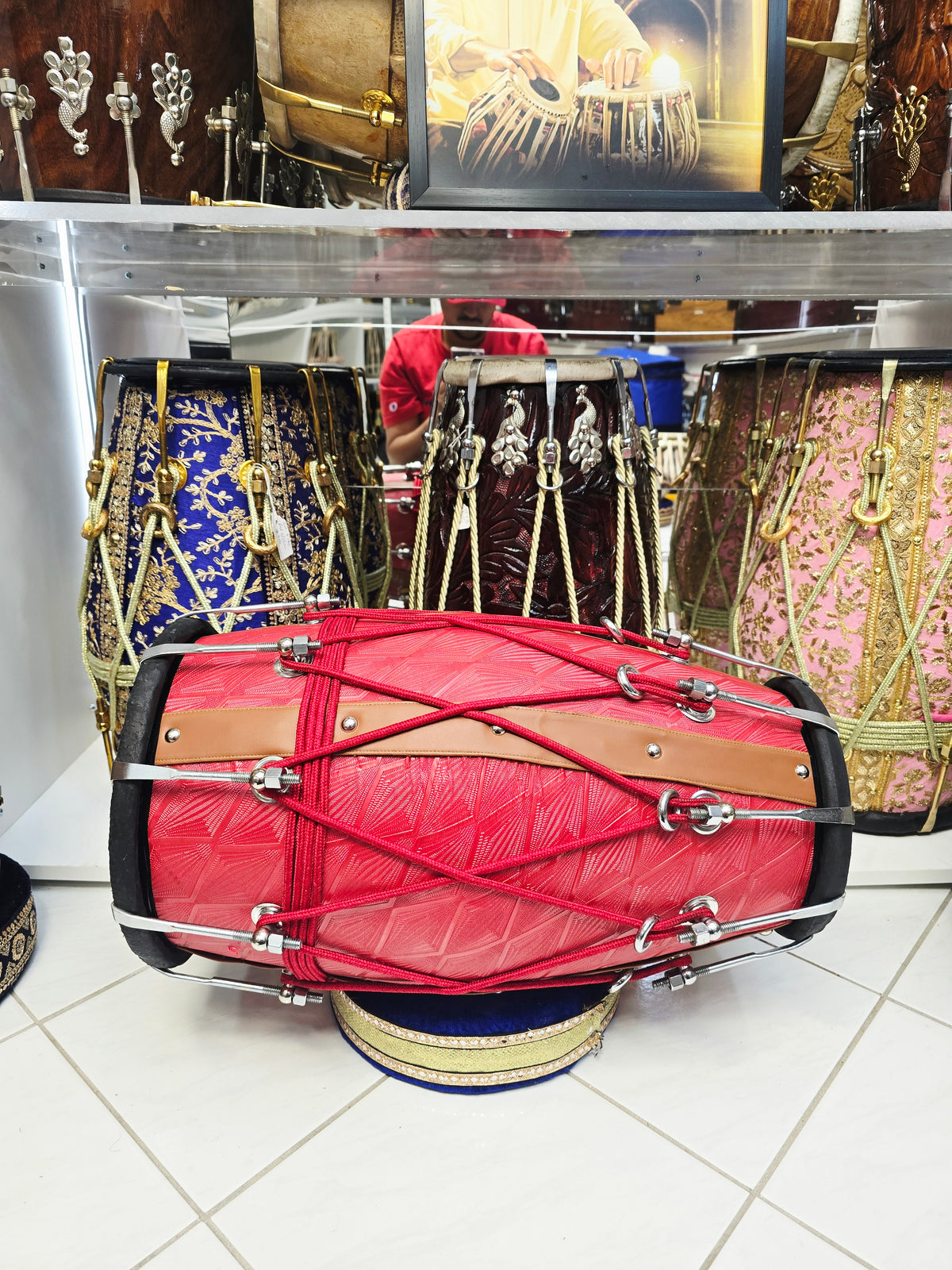 Laal Darbar – Premium Red Designer Leather Wrapped Red Sheesham Dholak | Red Cosmetic Ropes & Black Skins *Minor Cosmetic Blemish/ Tear *Exceptional Tone