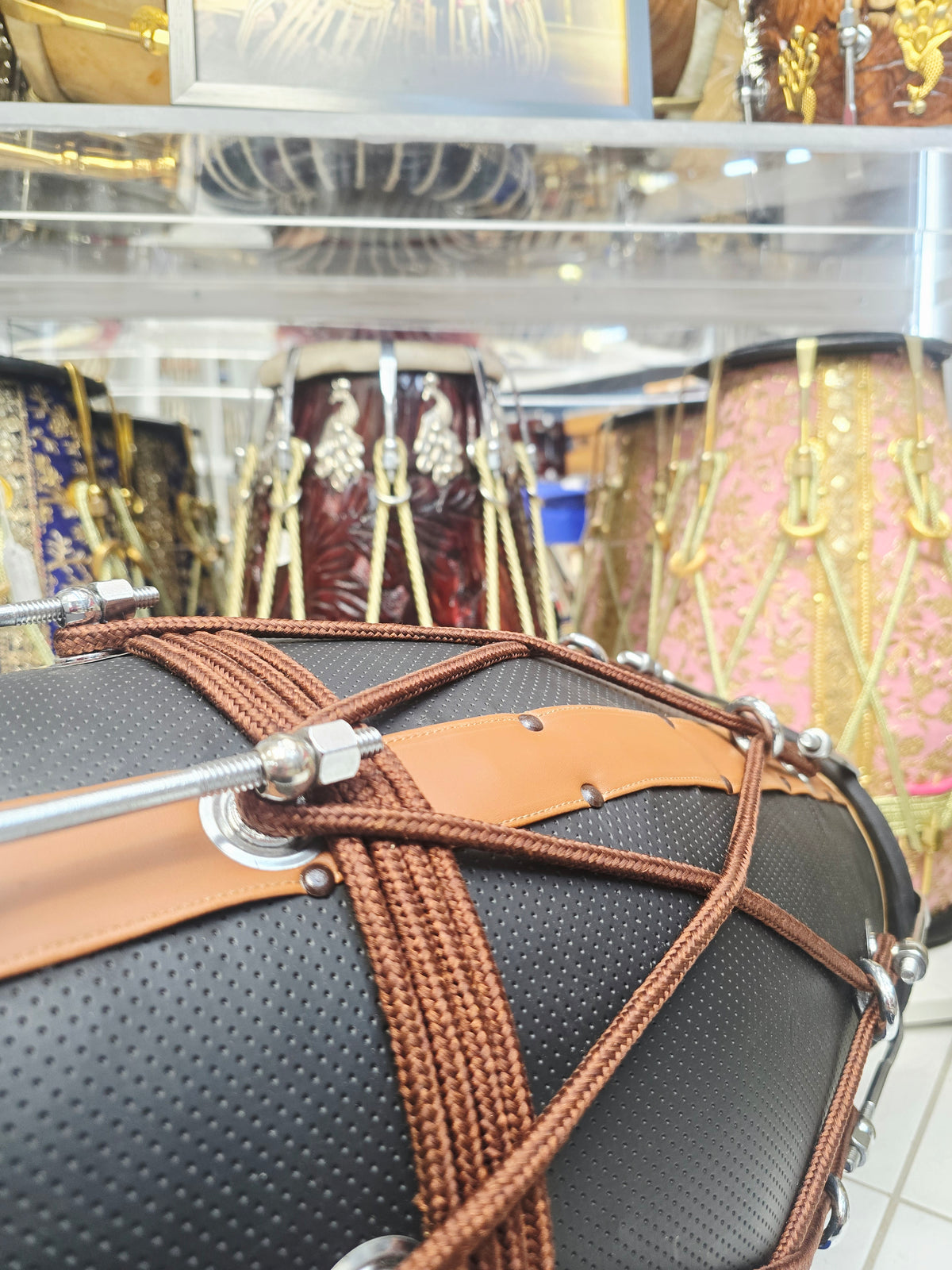 Kaala Virasat – Premium Red Sheesham Dholak | Black & Brown Leather Wrap, Decorative Brown Ropes & Bolt Tuning *Exceptional Tone