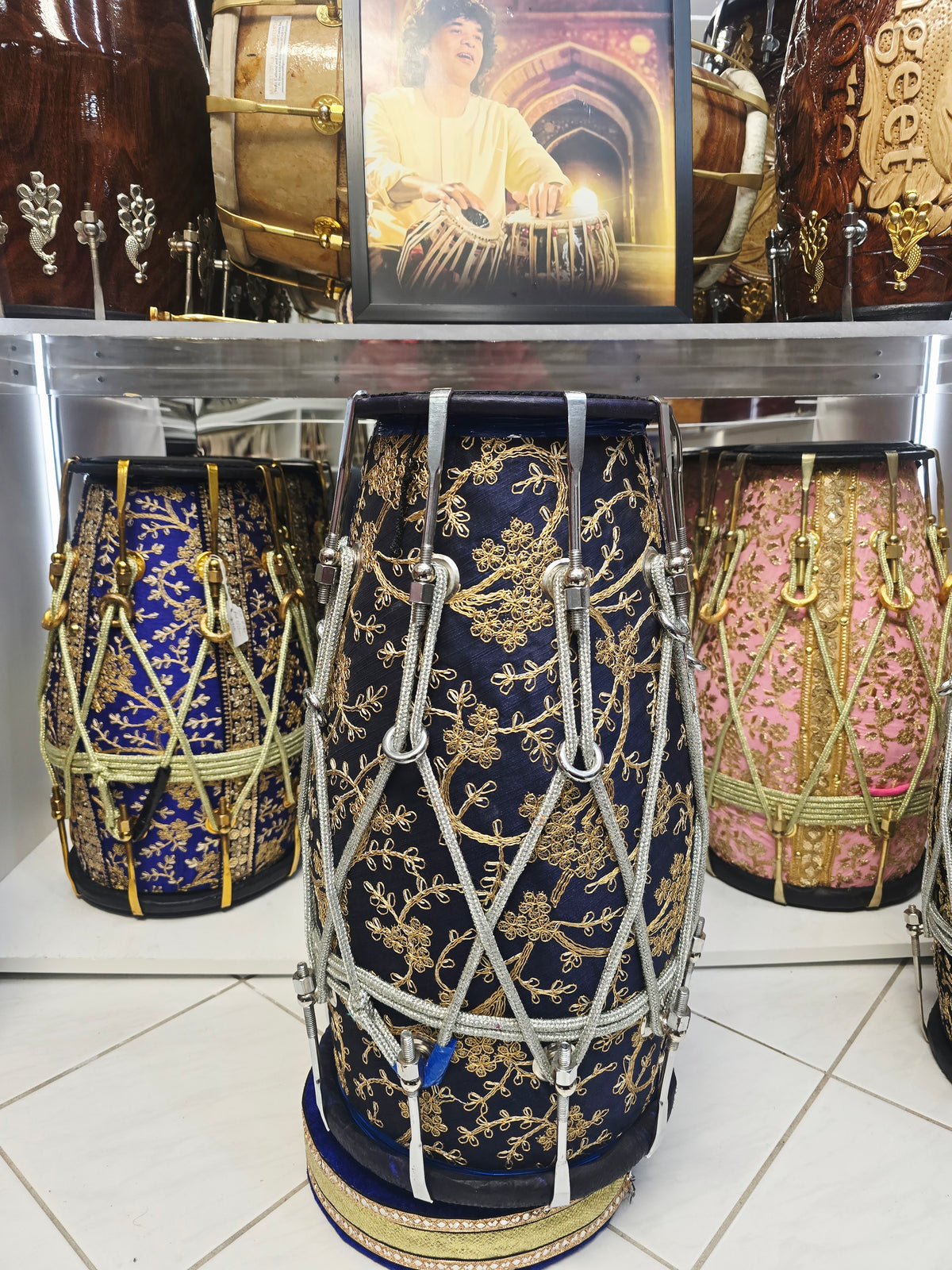 Neel Shahi – 20" Royal Blue & Gold Sherwani-Wrapped Dholak | Blue Skins & Thin-Rimmed Treble Skin *Minor Cosmetic Blemishes on Skin *Exceptional Tone