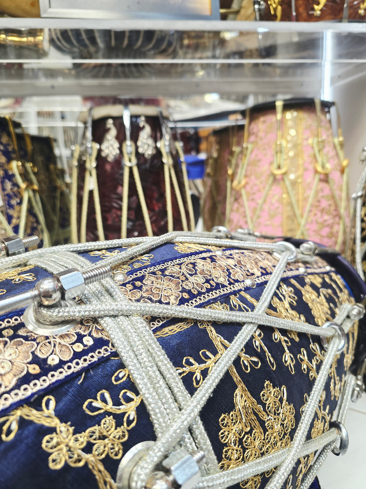 Neel Shahi – 20" Royal Blue & Gold Sherwani-Wrapped Dholak | Blue Skins & Thin-Rimmed Treble Skin *Minor Cosmetic Blemishes on Skin *Exceptional Tone