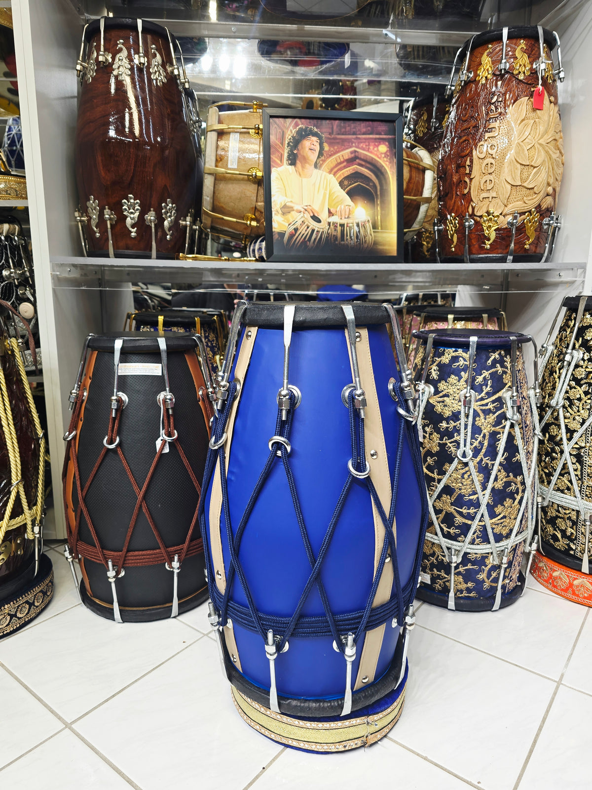 Royal Sapphire Blue Designer Leather-Wrapped Dholak with Champagne Gold Accents *Very Minor Cosmetic Blemishes *Exceptional Tone