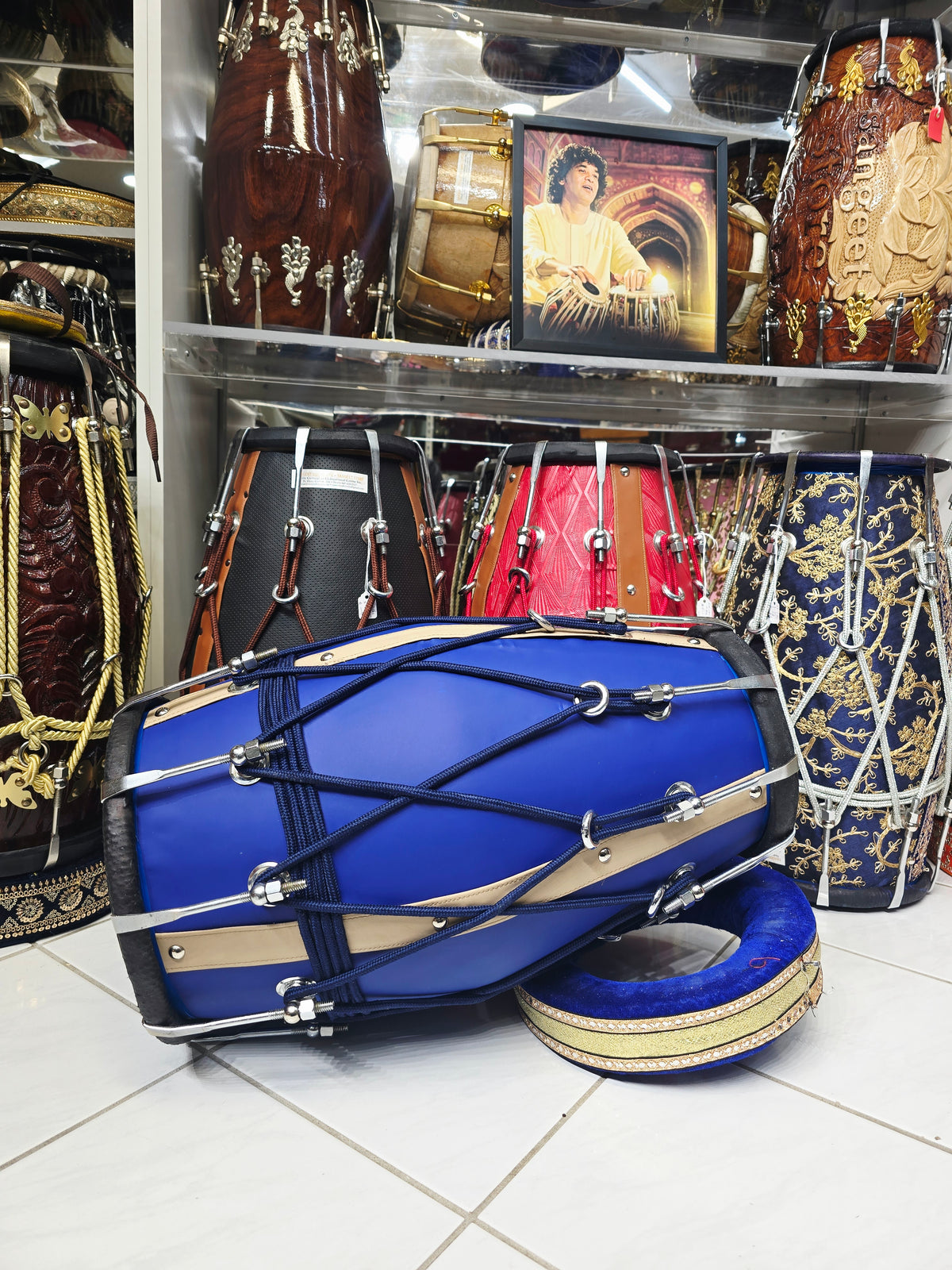 Royal Sapphire Blue Designer Leather-Wrapped Dholak with Champagne Gold Accents *Very Minor Cosmetic Blemishes *Exceptional Tone