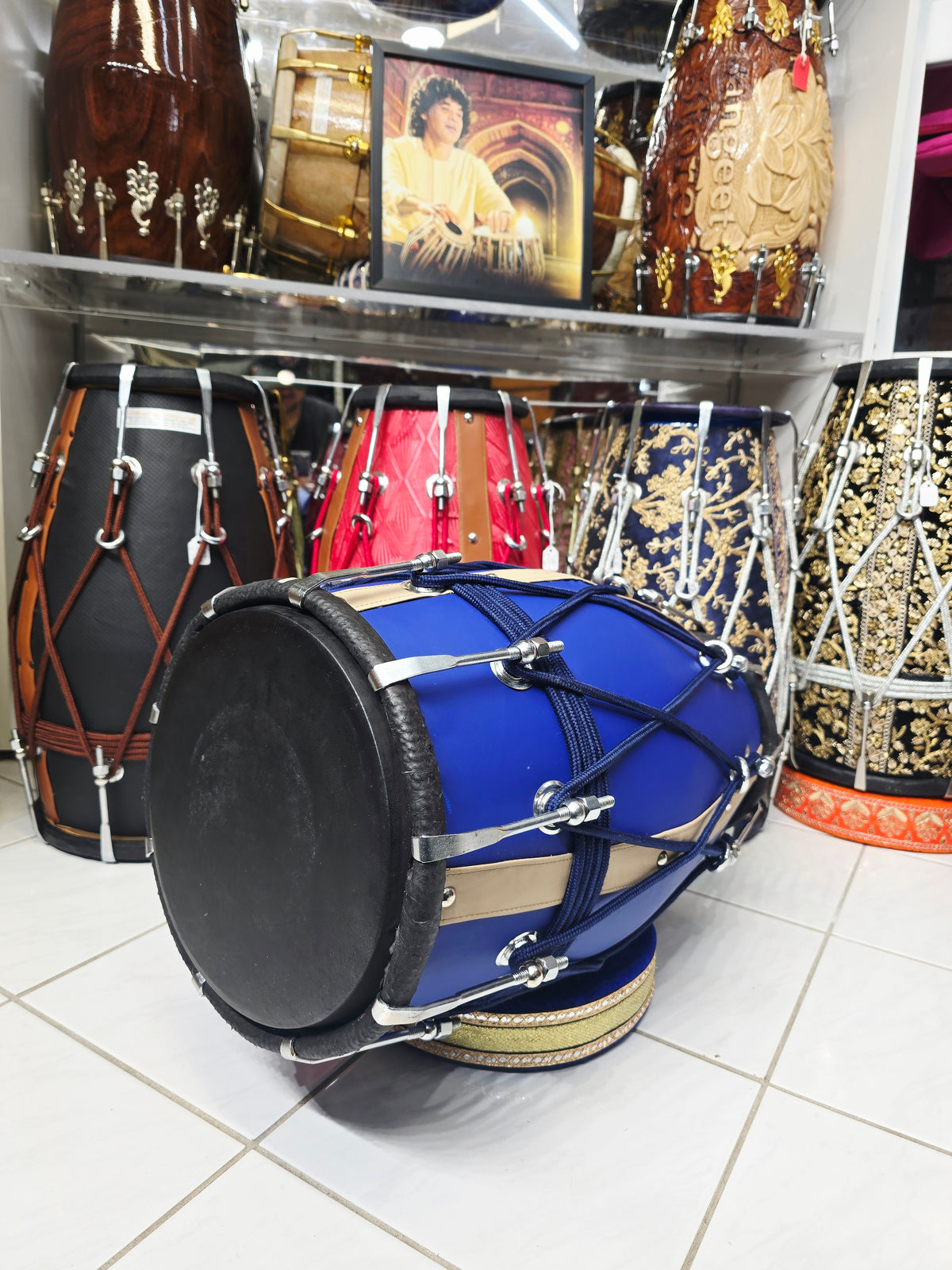 Royal Sapphire Blue Designer Leather-Wrapped Dholak with Champagne Gold Accents *Very Minor Cosmetic Blemishes *Exceptional Tone