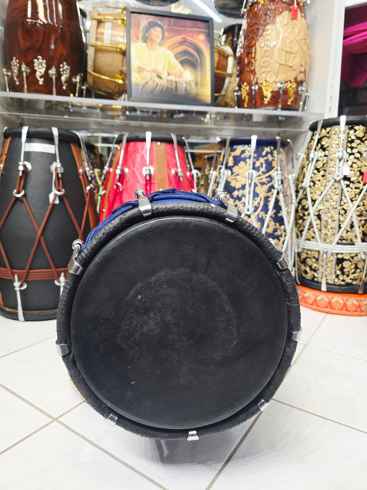 Royal Sapphire Blue Designer Leather-Wrapped Dholak with Champagne Gold Accents *Very Minor Cosmetic Blemishes *Exceptional Tone