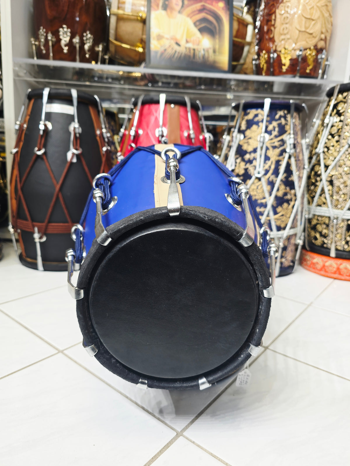 Royal Sapphire Blue Designer Leather-Wrapped Dholak with Champagne Gold Accents *Very Minor Cosmetic Blemishes *Exceptional Tone