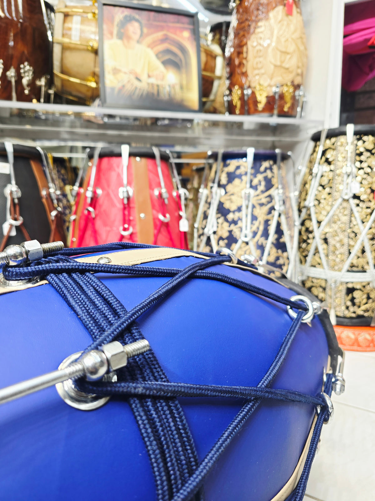 Royal Sapphire Blue Designer Leather-Wrapped Dholak with Champagne Gold Accents *Very Minor Cosmetic Blemishes *Exceptional Tone