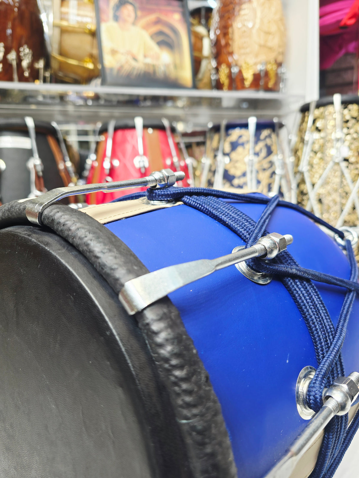 Royal Sapphire Blue Designer Leather-Wrapped Dholak with Champagne Gold Accents *Very Minor Cosmetic Blemishes *Exceptional Tone
