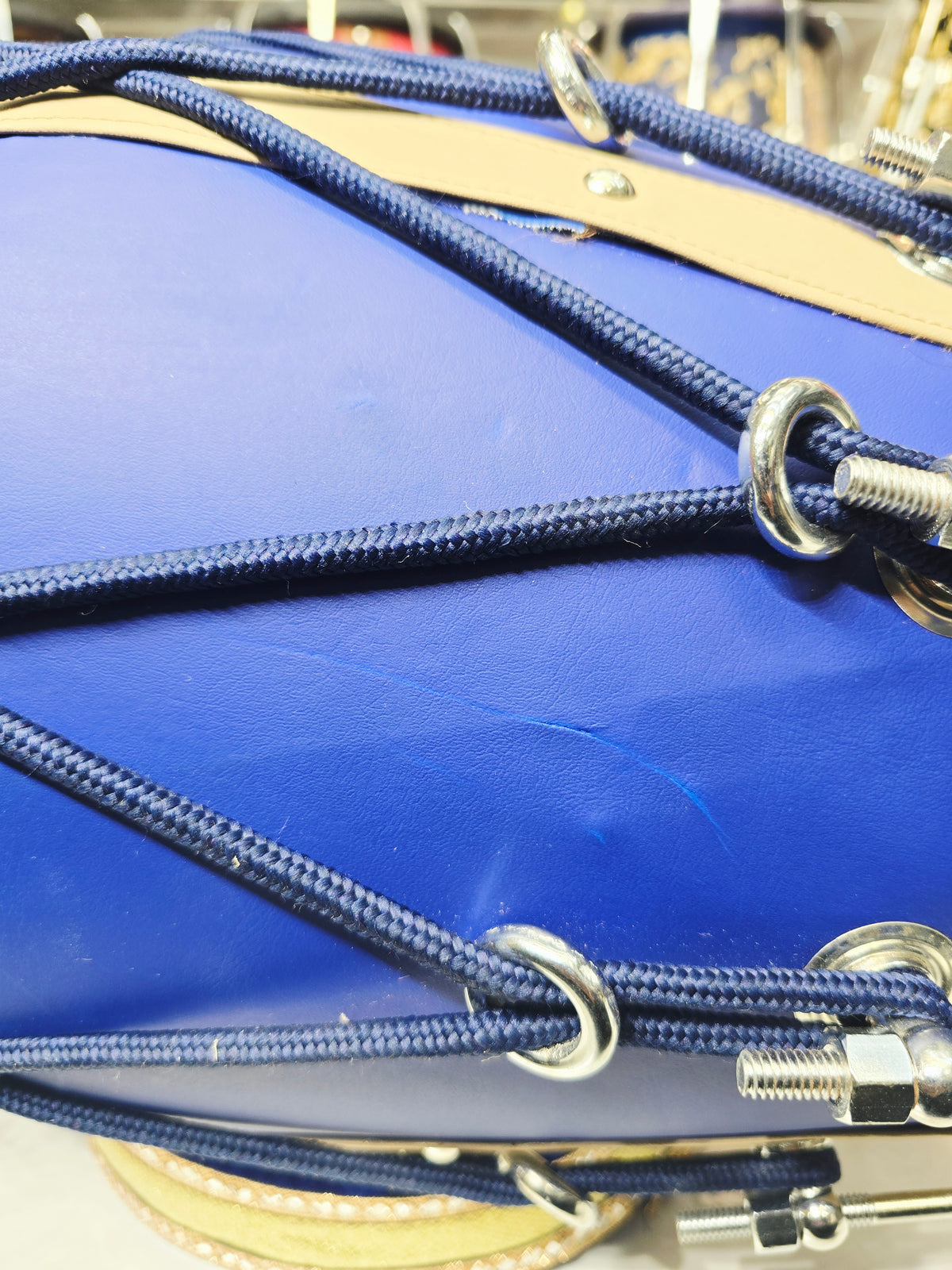 Royal Sapphire Blue Designer Leather-Wrapped Dholak with Champagne Gold Accents *Very Minor Cosmetic Blemishes *Exceptional Tone