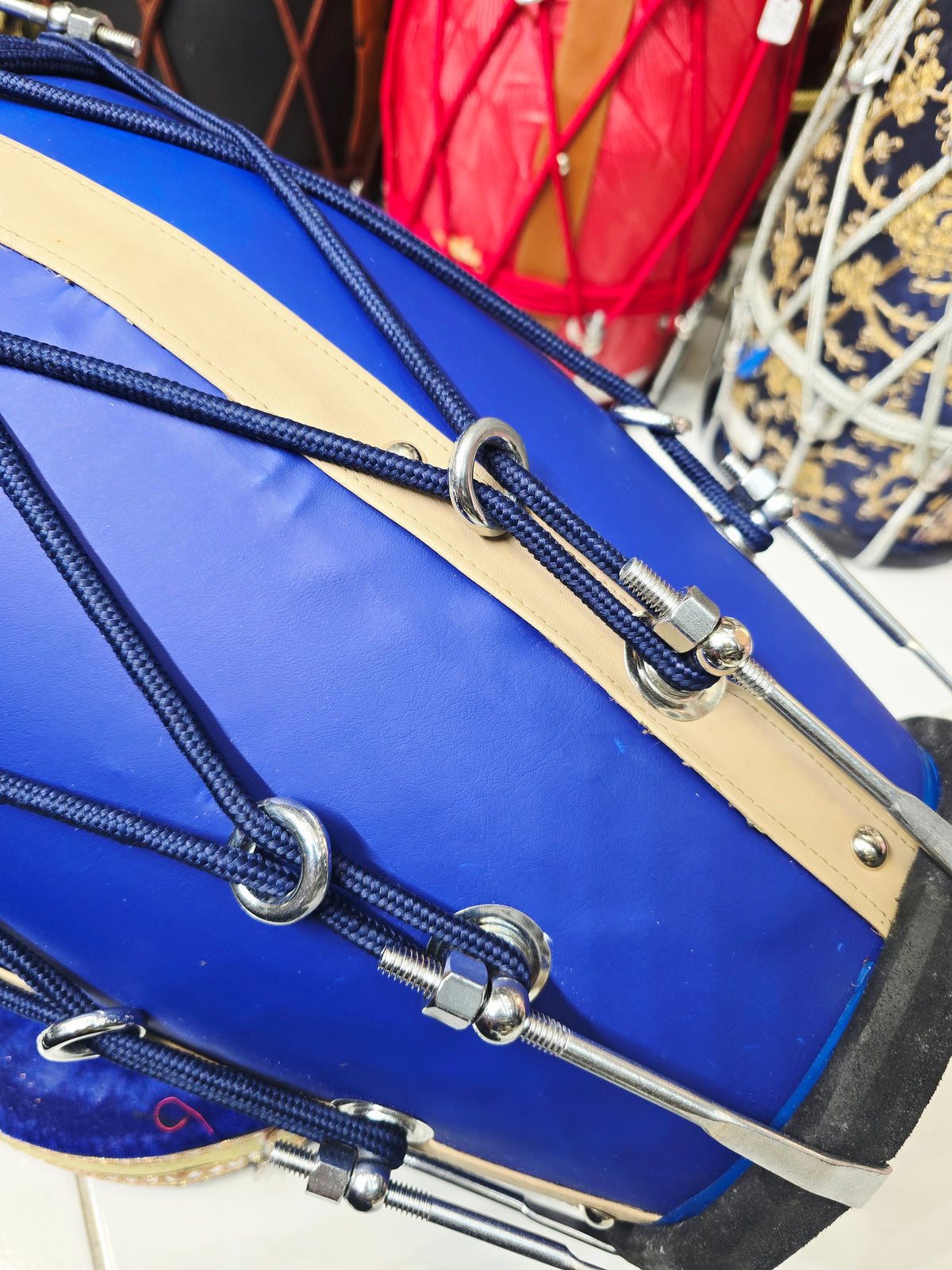 Royal Sapphire Blue Designer Leather-Wrapped Dholak with Champagne Gold Accents *Very Minor Cosmetic Blemishes *Exceptional Tone