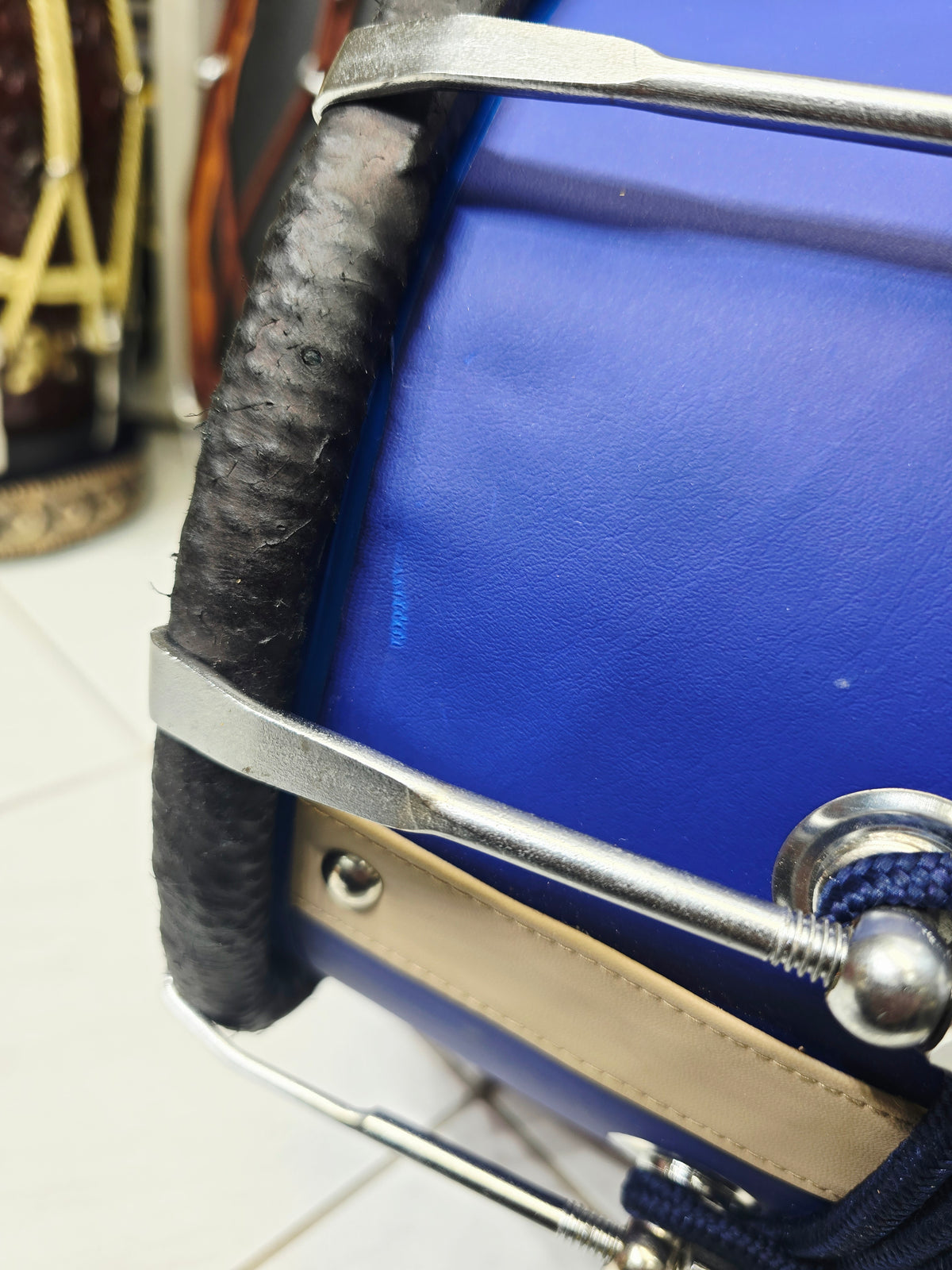 Royal Sapphire Blue Designer Leather-Wrapped Dholak with Champagne Gold Accents *Very Minor Cosmetic Blemishes *Exceptional Tone
