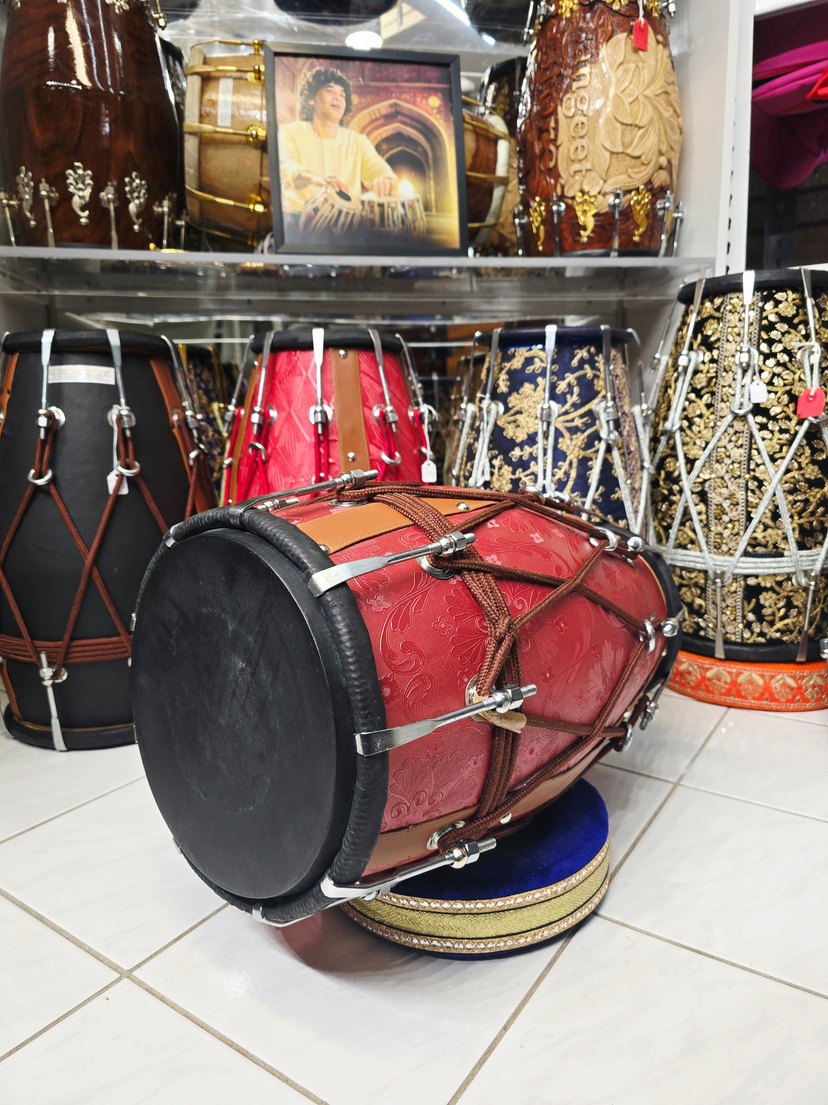 Royal Crimson Floral-Embossed Designer Leather-Wrapped Dholak with Tan Accents