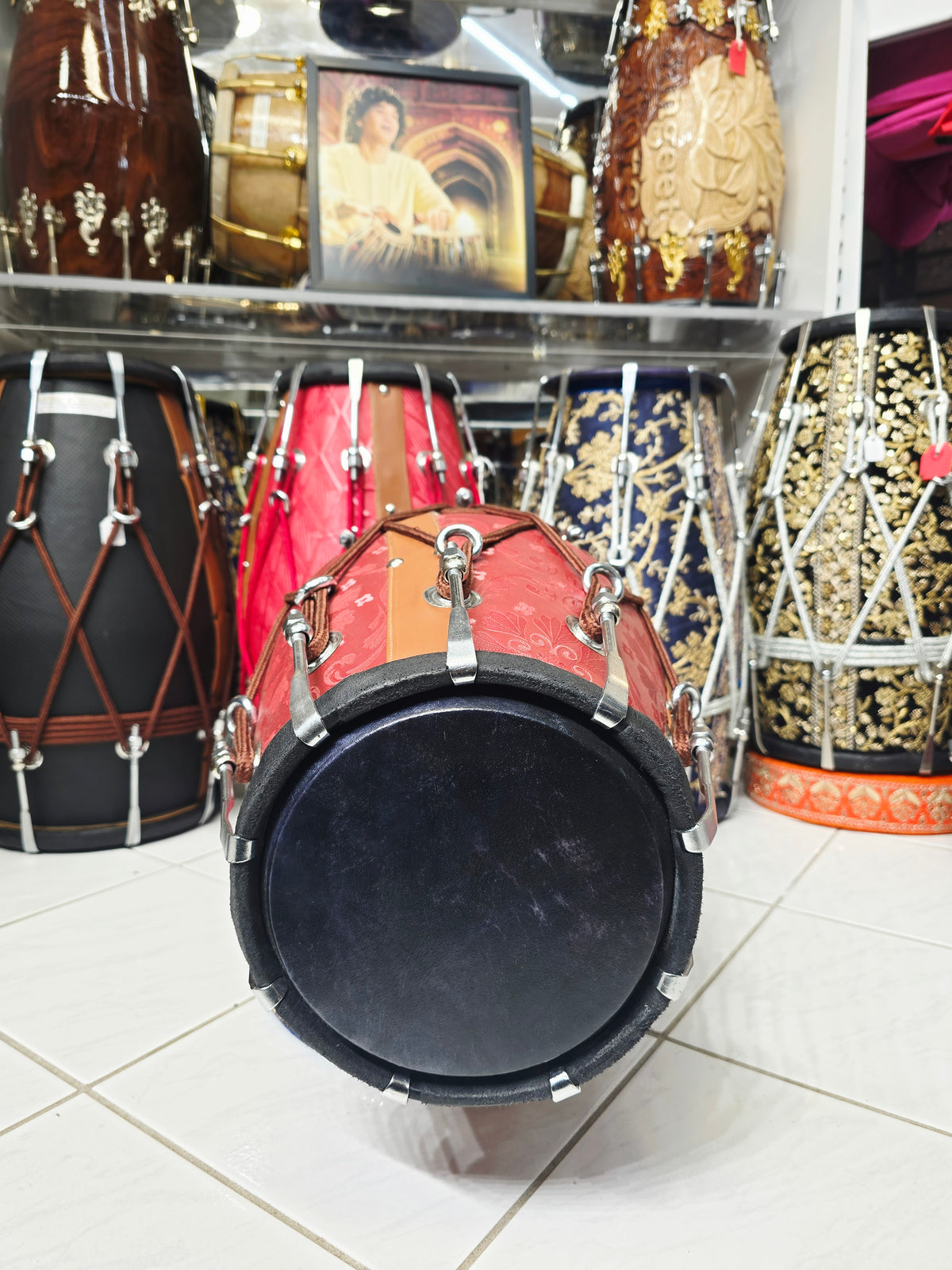 Royal Crimson Floral-Embossed Designer Leather-Wrapped Dholak with Tan Accents