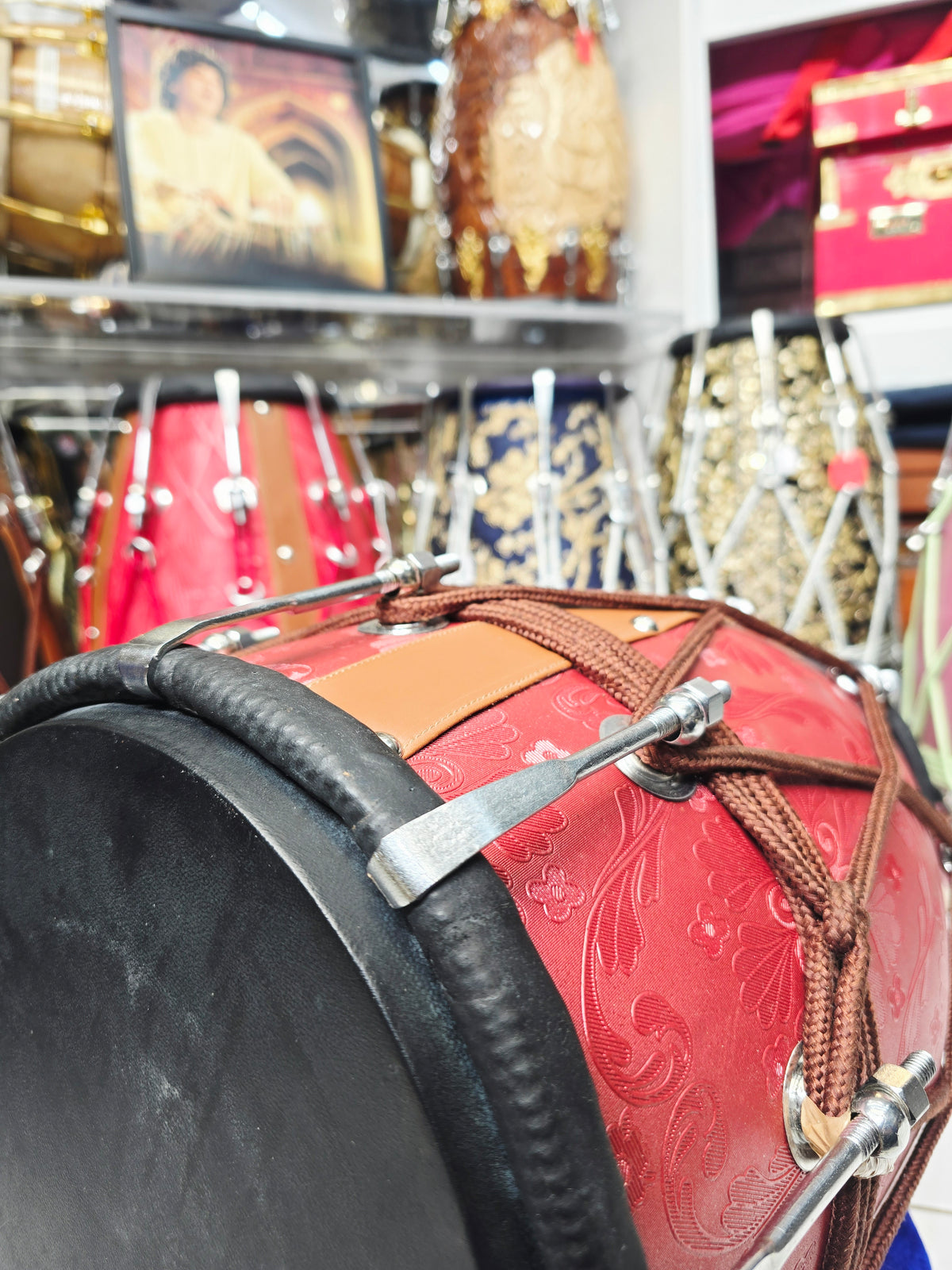 Royal Crimson Floral-Embossed Designer Leather-Wrapped Dholak with Tan Accents