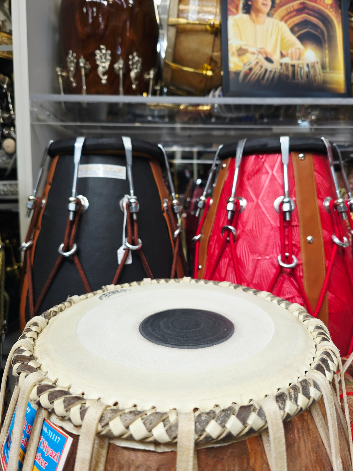 Tamra Raj – Mohd. Sharif Concert D/D# Tabla Set | 5.75" Red Sheesham Dayan + 9.25" Hand-Hammered Copper Bayan *Very Minor Cosmetic Blemishes