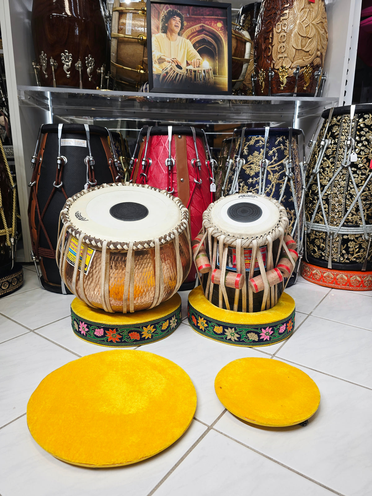 Pushpa Kiran – Mohd. Sharif Concert D Tabla Set | 5.75" Red Sheesham Dayan + 9.25" Hand-Hammered Copper Bayan *Very Minor Cosmestic Blemishes