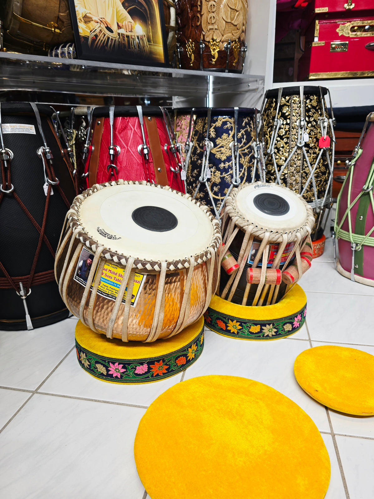 Pushpa Kiran – Mohd. Sharif Concert D Tabla Set | 5.75" Red Sheesham Dayan + 9.25" Hand-Hammered Copper Bayan *Very Minor Cosmestic Blemishes