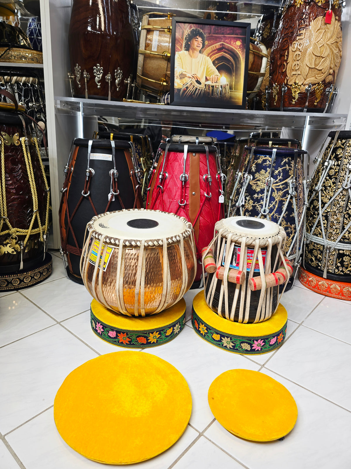 Pushpa Kiran – Mohd. Sharif Concert D Tabla Set | 5.75" Red Sheesham Dayan + 9.25" Hand-Hammered Copper Bayan *Very Minor Cosmestic Blemishes