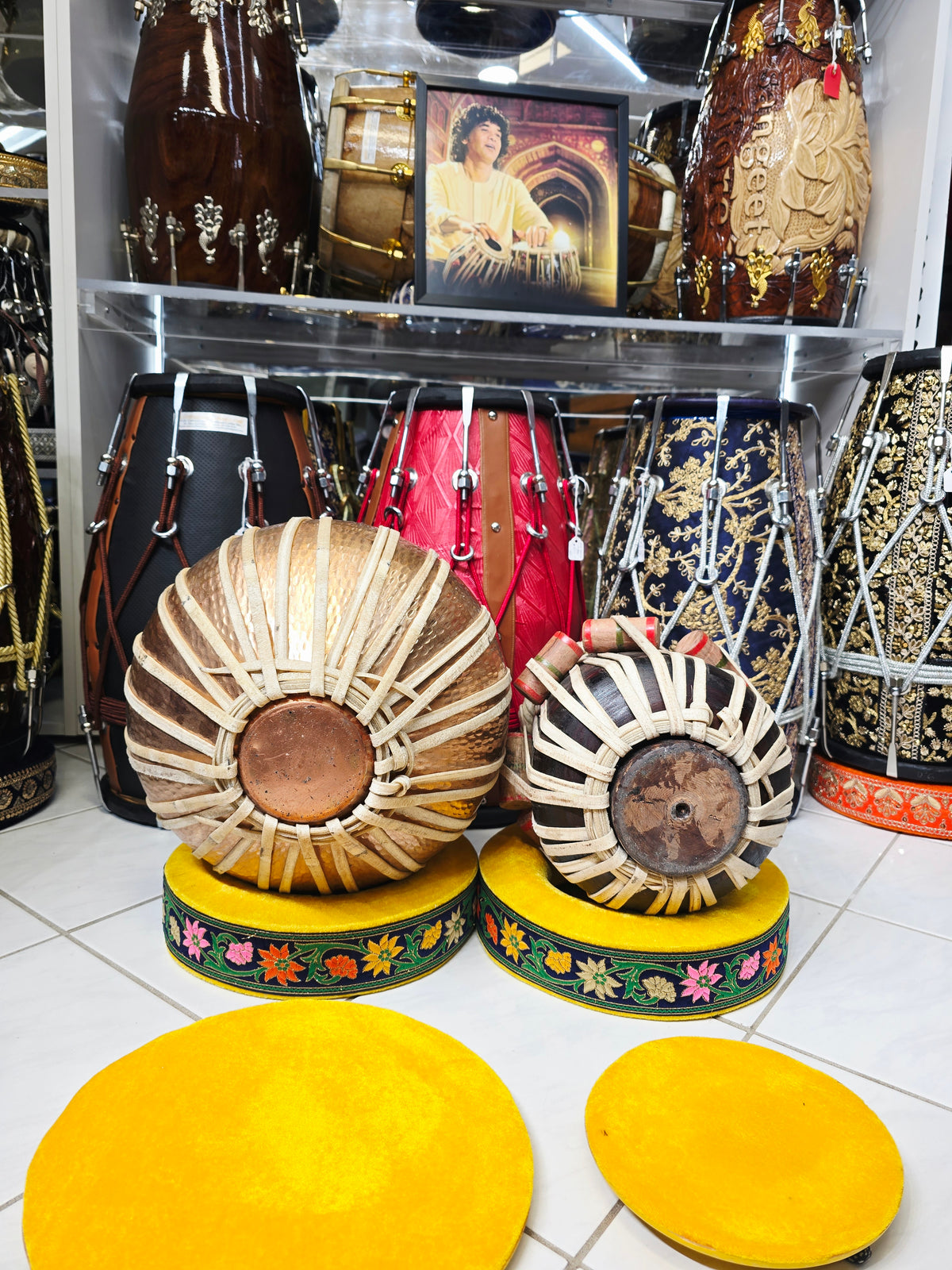 Pushpa Kiran – Mohd. Sharif Concert D Tabla Set | 5.75" Red Sheesham Dayan + 9.25" Hand-Hammered Copper Bayan *Very Minor Cosmestic Blemishes