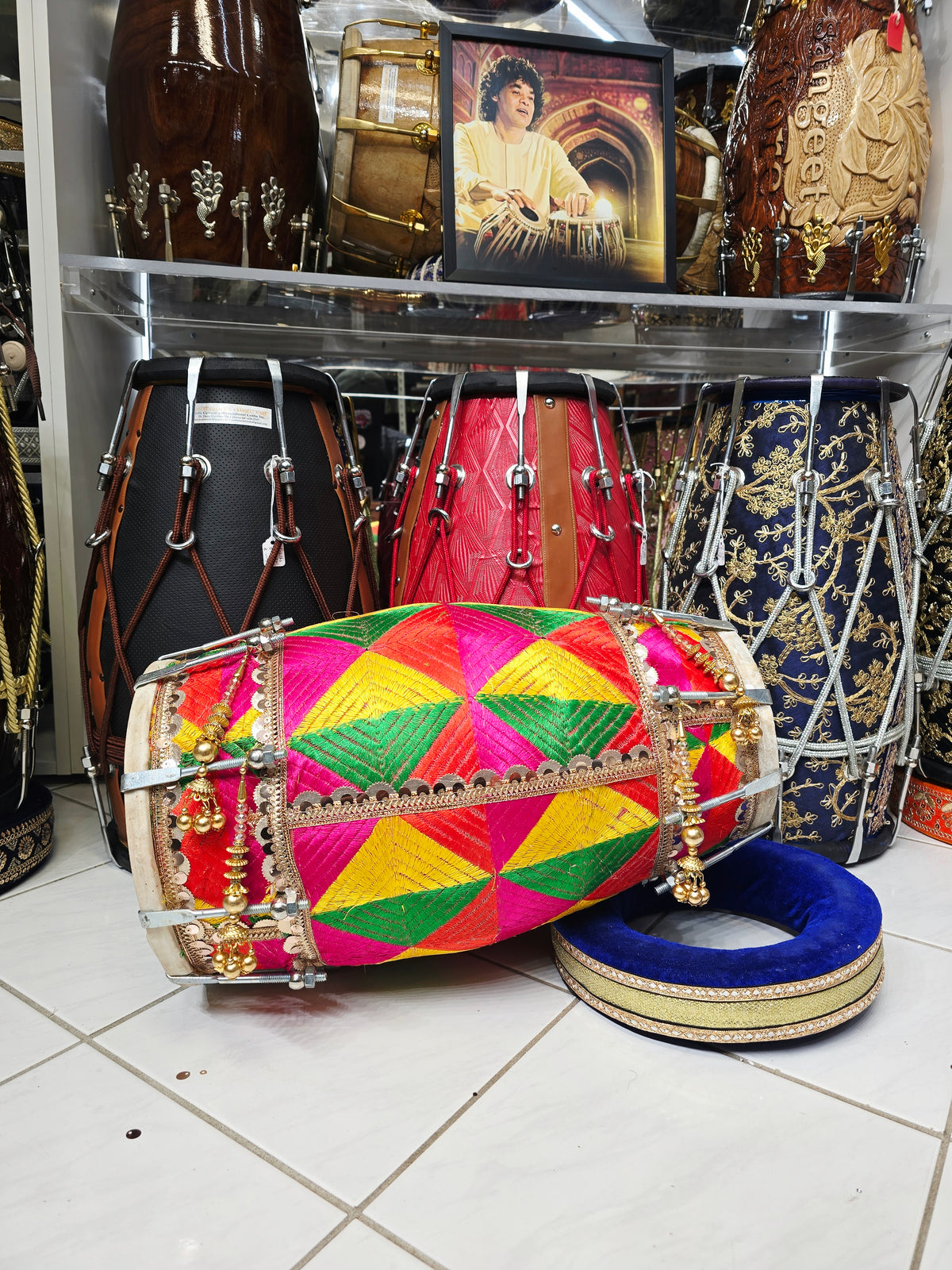 Rang Tarang – Vibrant Multicoloured Phulkari Sherwani-Wrapped Designer Mehendi Night Dholak with Decorative Golden Ornaments * Very Minor Cosmetic Blemishes