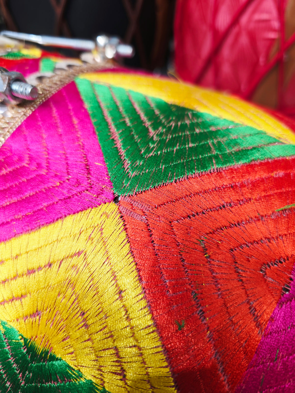 Rang Tarang – Vibrant Multicoloured Phulkari Sherwani-Wrapped Designer Mehendi Night Dholak with Decorative Golden Ornaments * Very Minor Cosmetic Blemishes