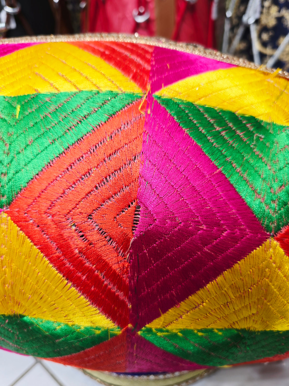 Rang Tarang – Vibrant Multicoloured Phulkari Sherwani-Wrapped Designer Mehendi Night Dholak with Decorative Golden Ornaments * Very Minor Cosmetic Blemishes