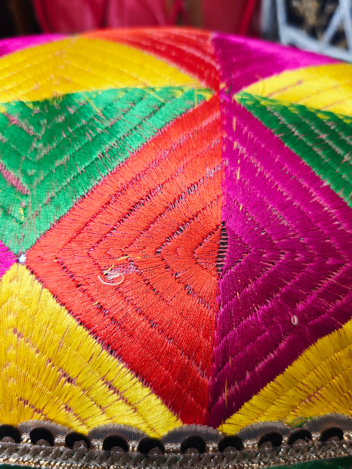 Rang Tarang – Vibrant Multicoloured Phulkari Sherwani-Wrapped Designer Mehendi Night Dholak with Decorative Golden Ornaments * Very Minor Cosmetic Blemishes
