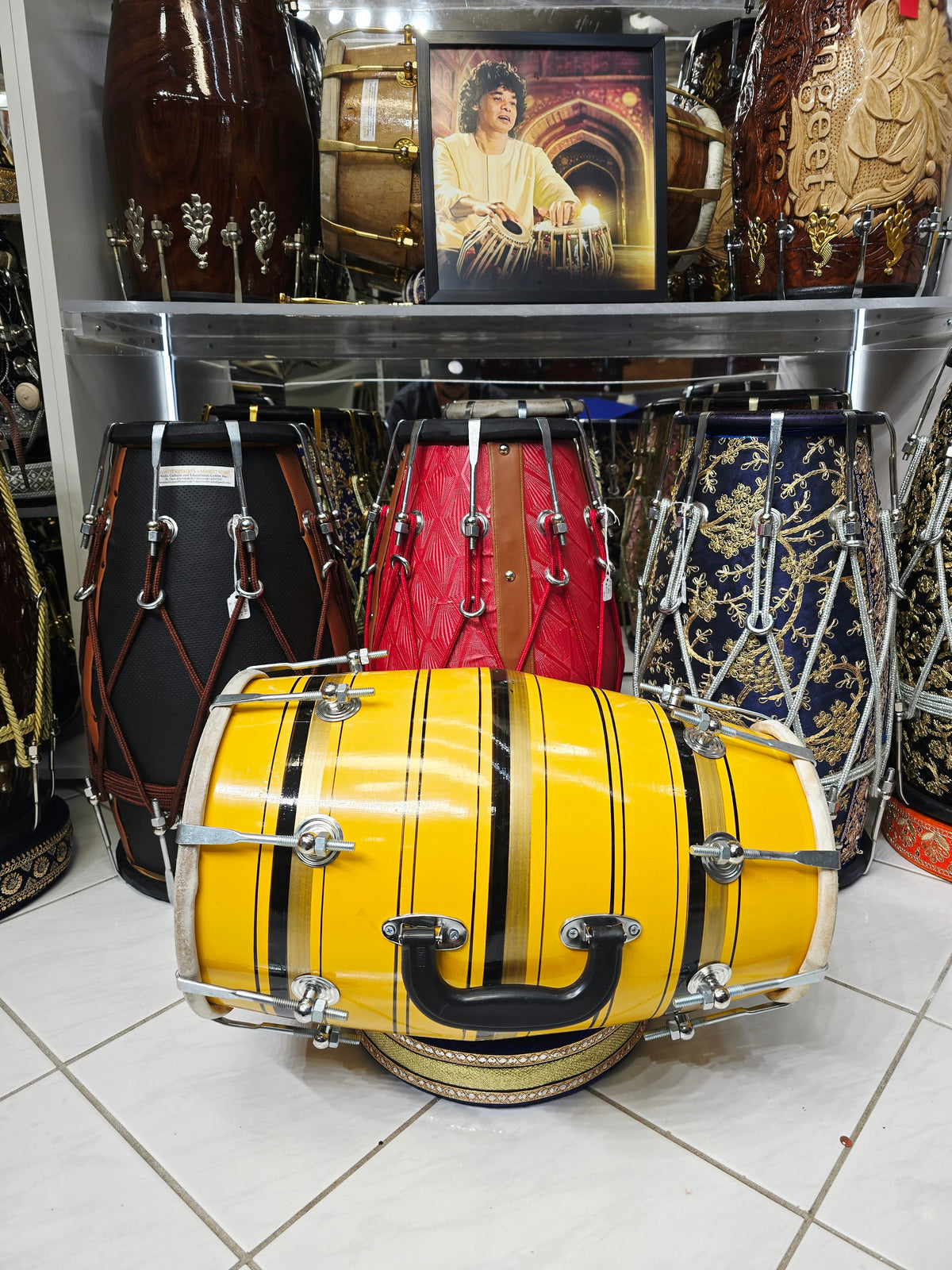 Surya Stripes – Vibrant Yellow & Black Striped Student Dholak with Gold Accents & Carrying Handle (YB1)